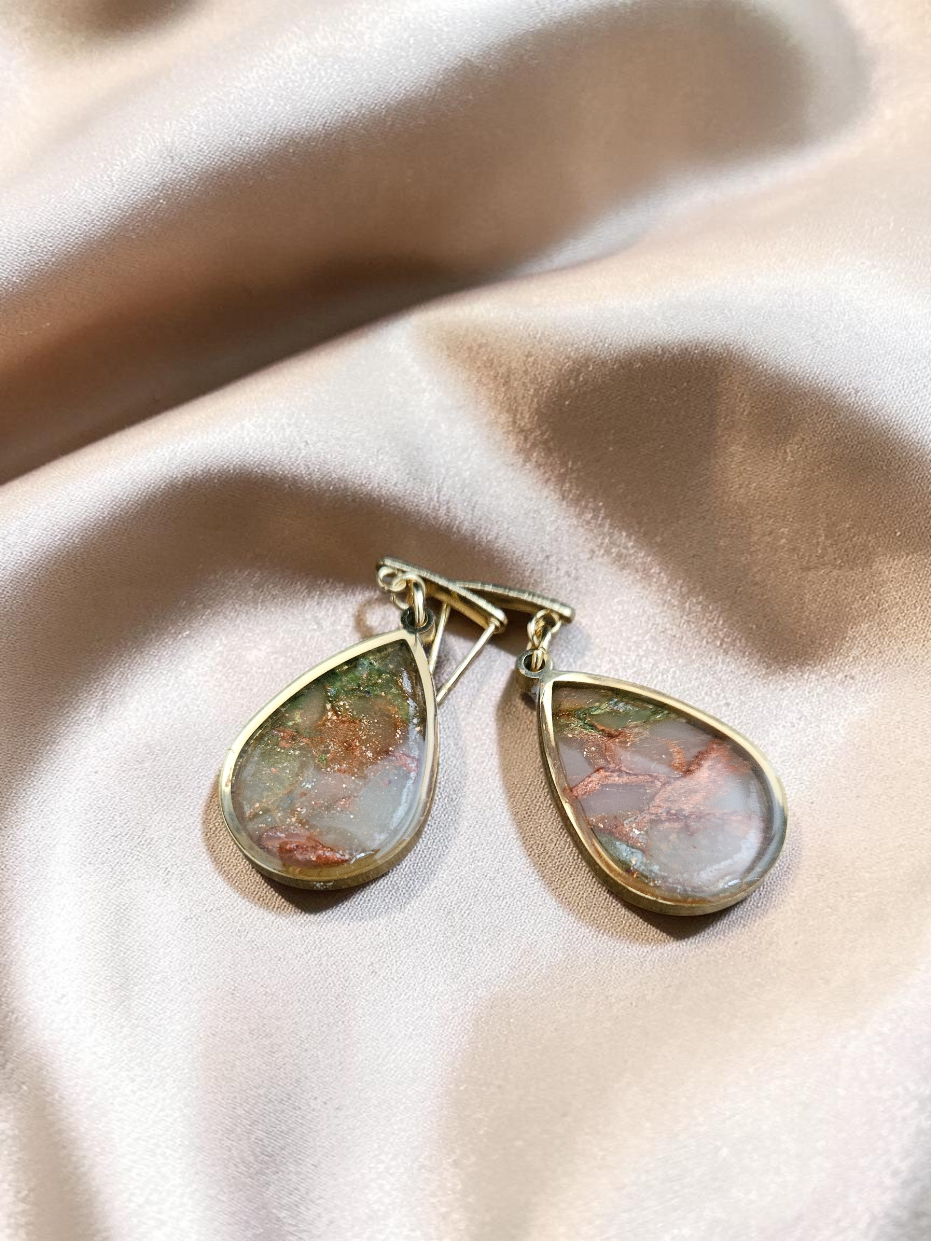 Teardrop Polymer Clay Earrings - Natural Olive and Burnt Orange