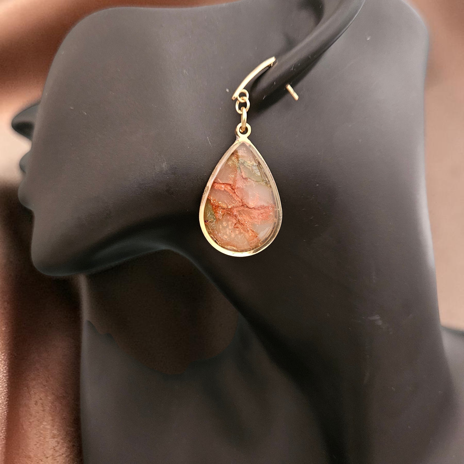 Teardrop Polymer Clay Earrings - Natural Olive and Burnt Orange