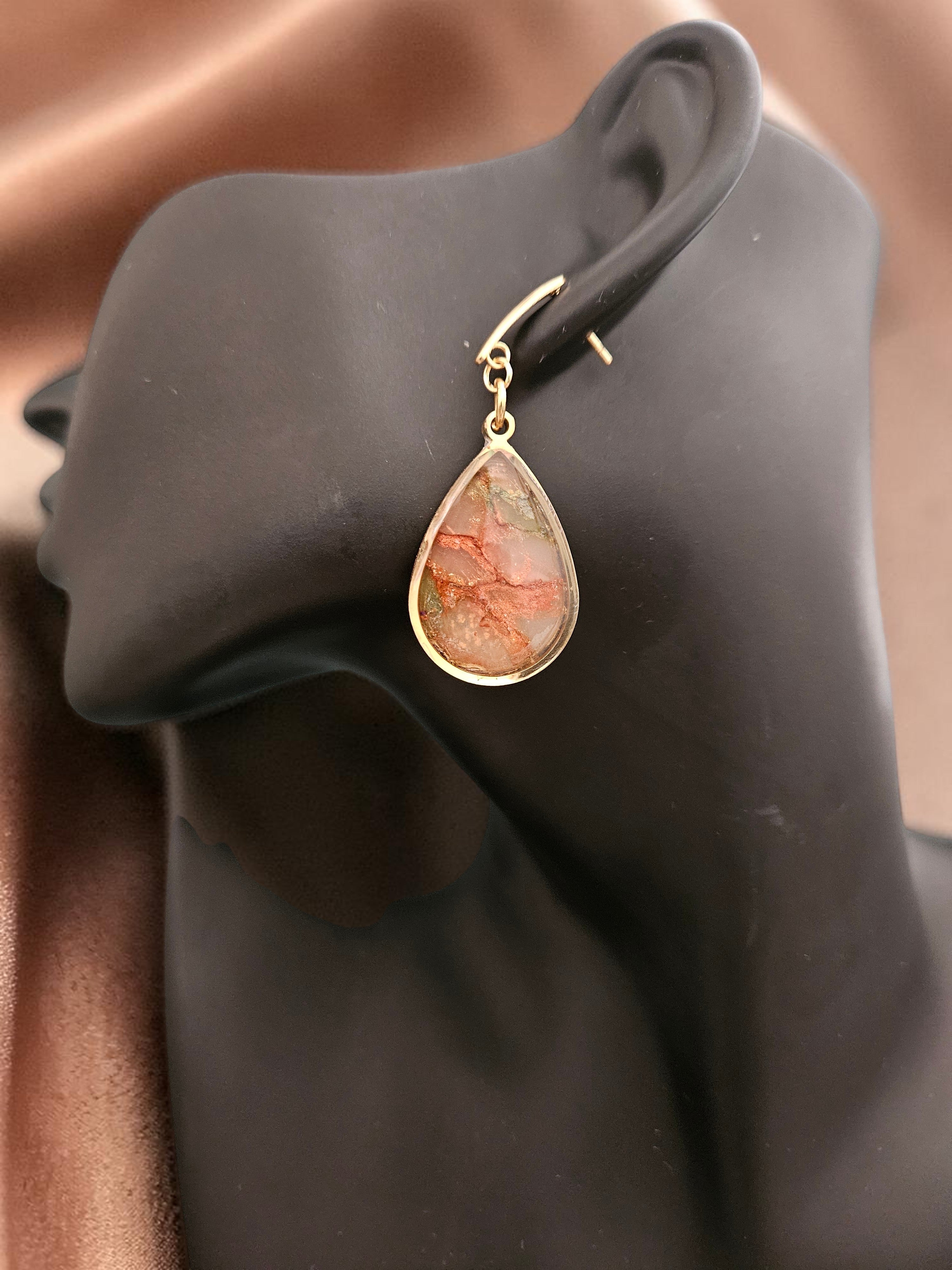Teardrop Polymer Clay Earrings - Natural Olive and Burnt Orange