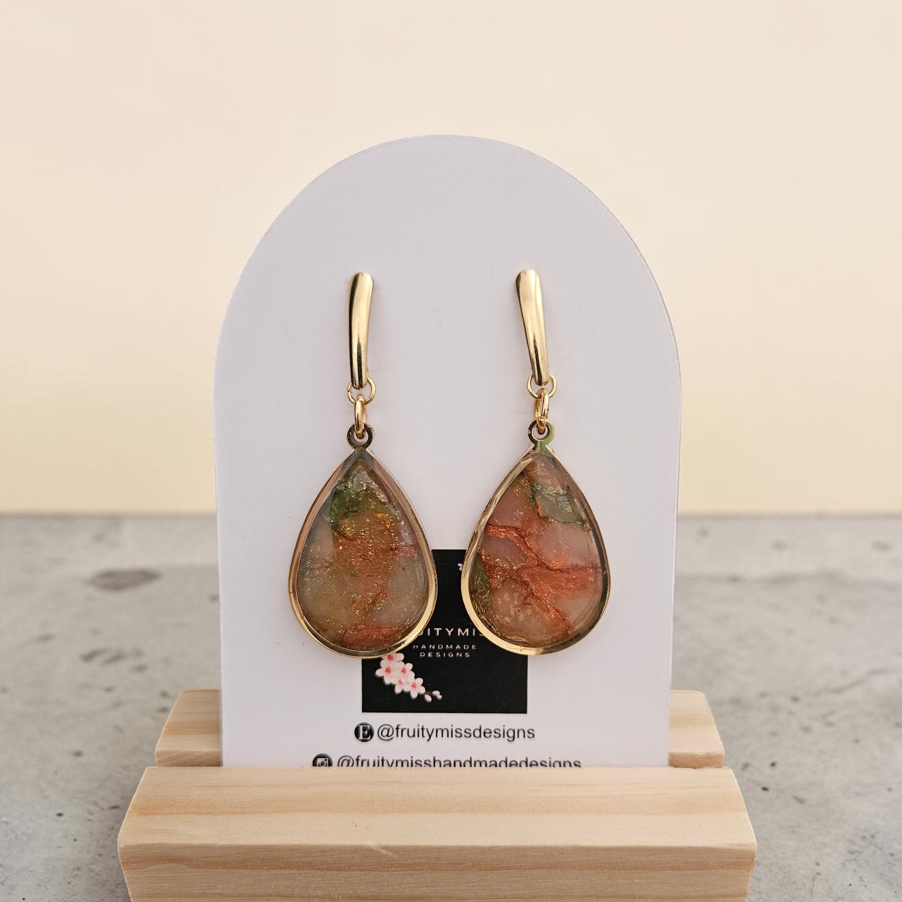 Teardrop Polymer Clay Earrings - Natural Olive and Burnt Orange