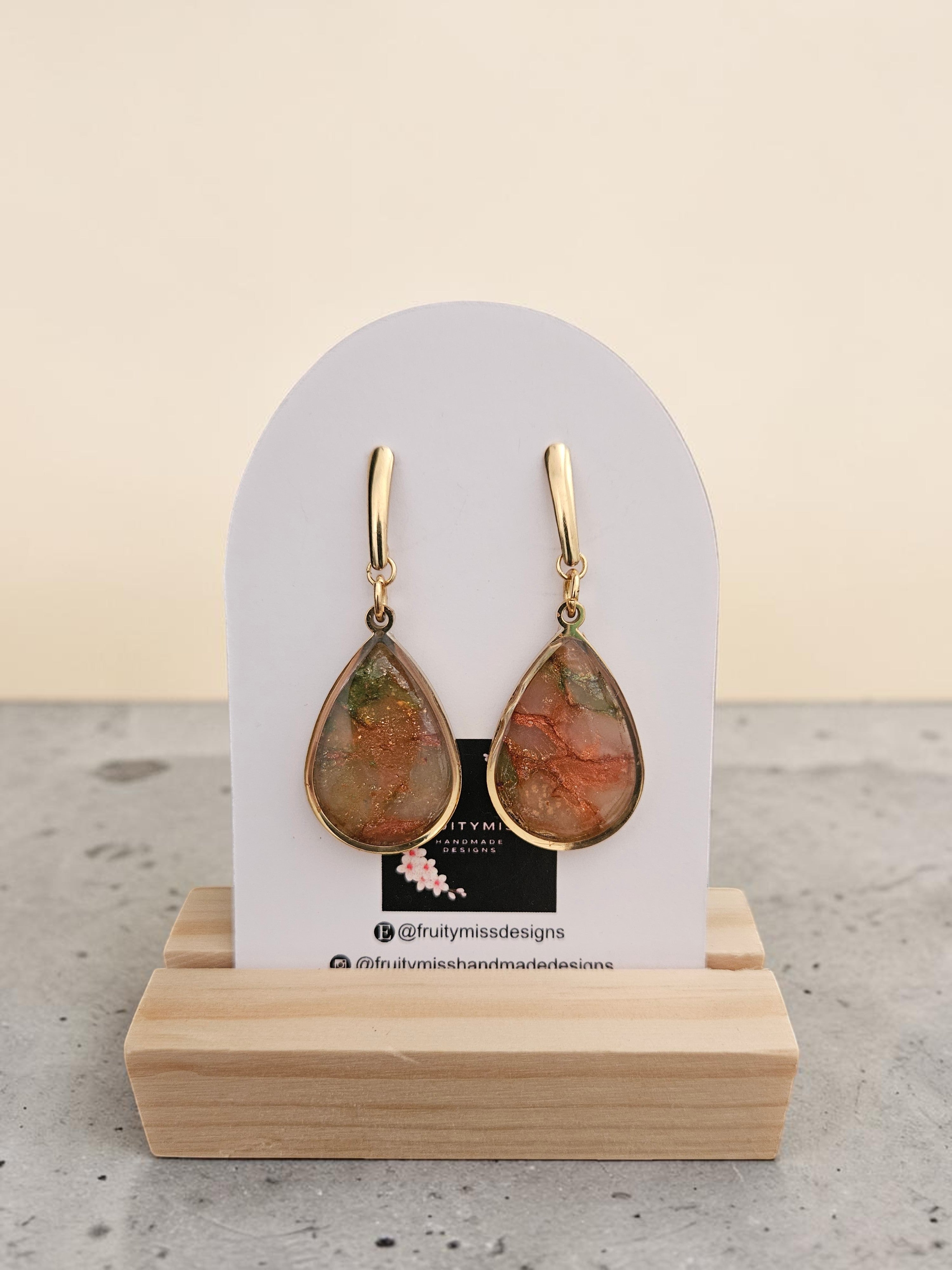Teardrop Polymer Clay Earrings - Natural Olive and Burnt Orange