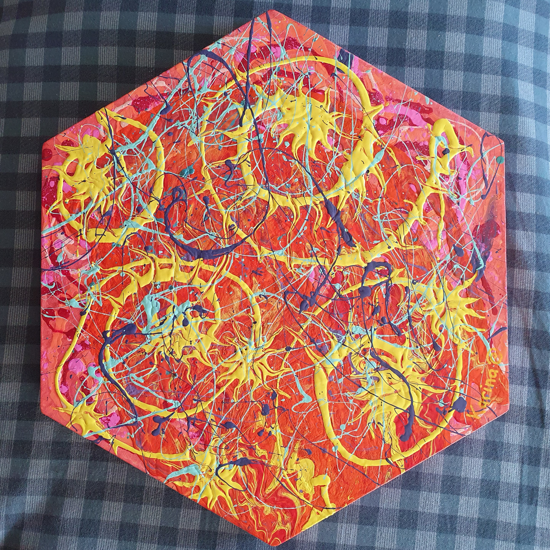 Solar Flare. Original Abstract, Hexagon Acrylic Canvas Painting.