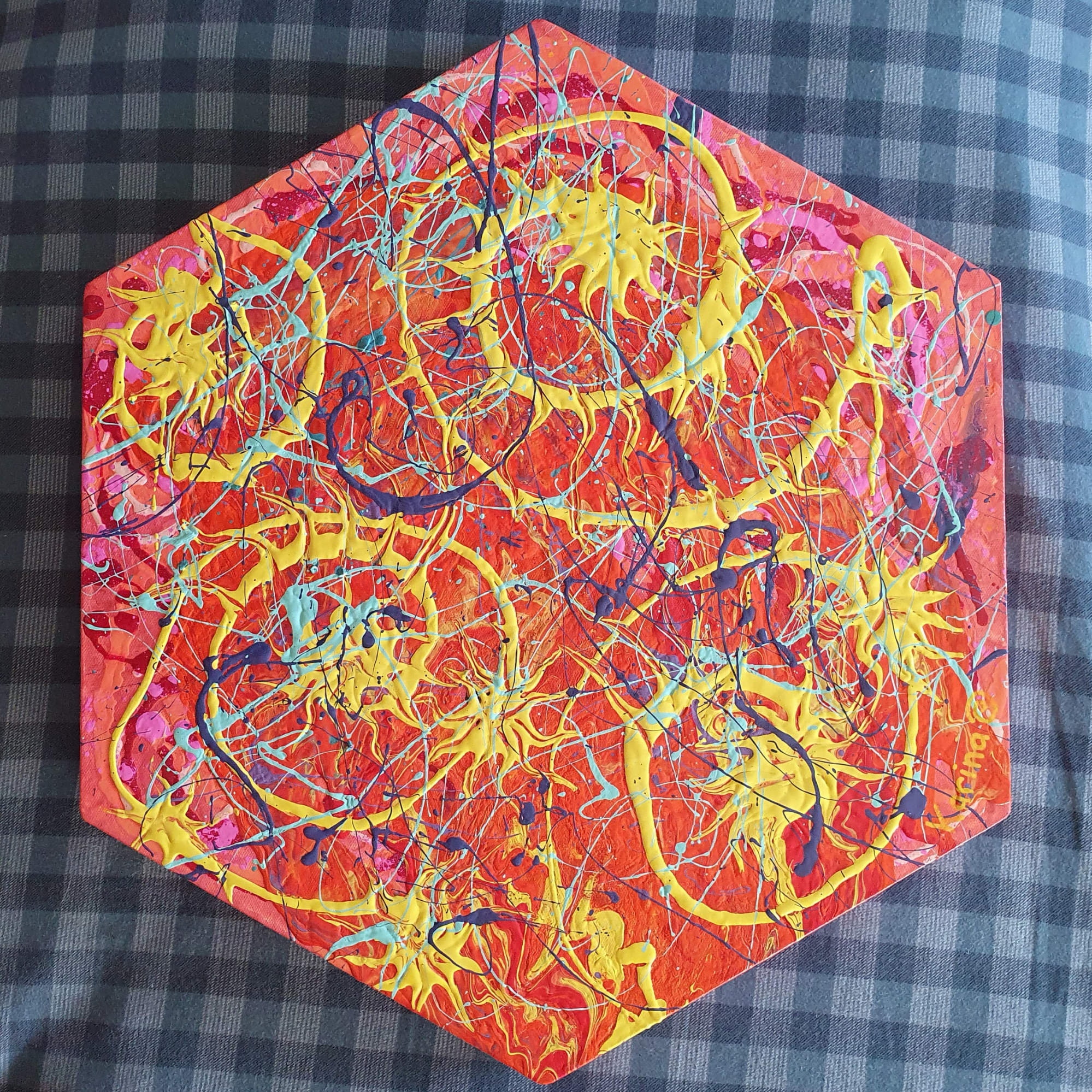 Solar Flare. Original Abstract, Hexagon Acrylic Canvas Painting.