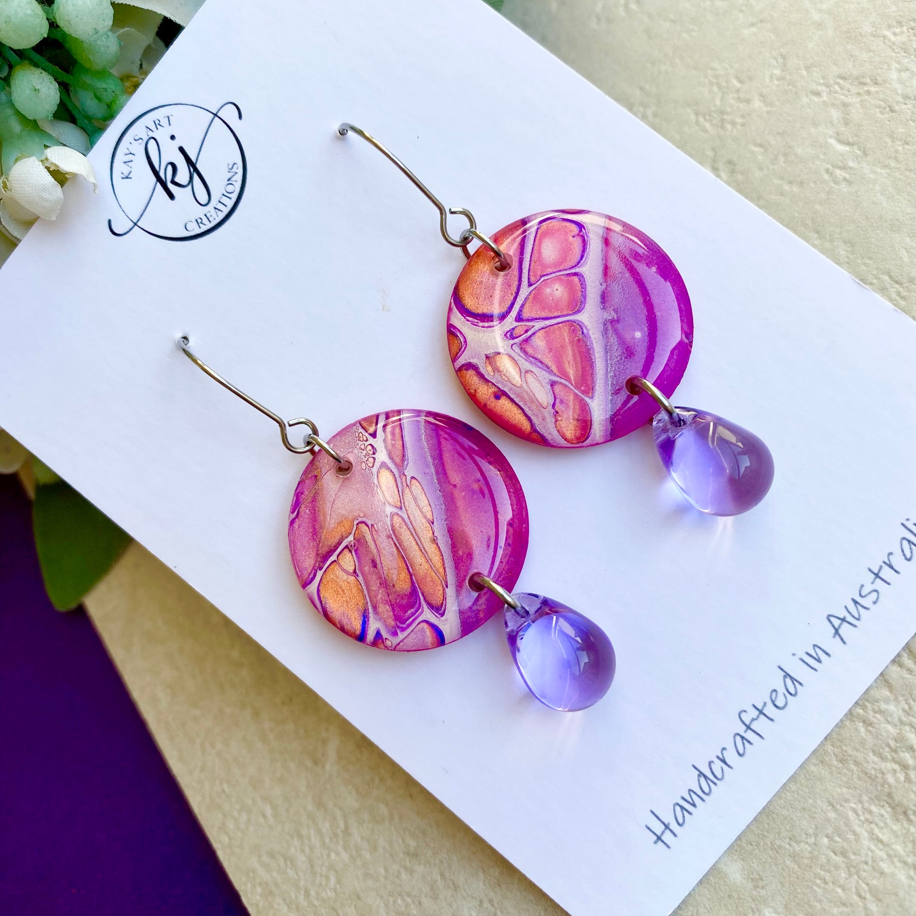 Pink Purple Orange Hand Painted Earrings