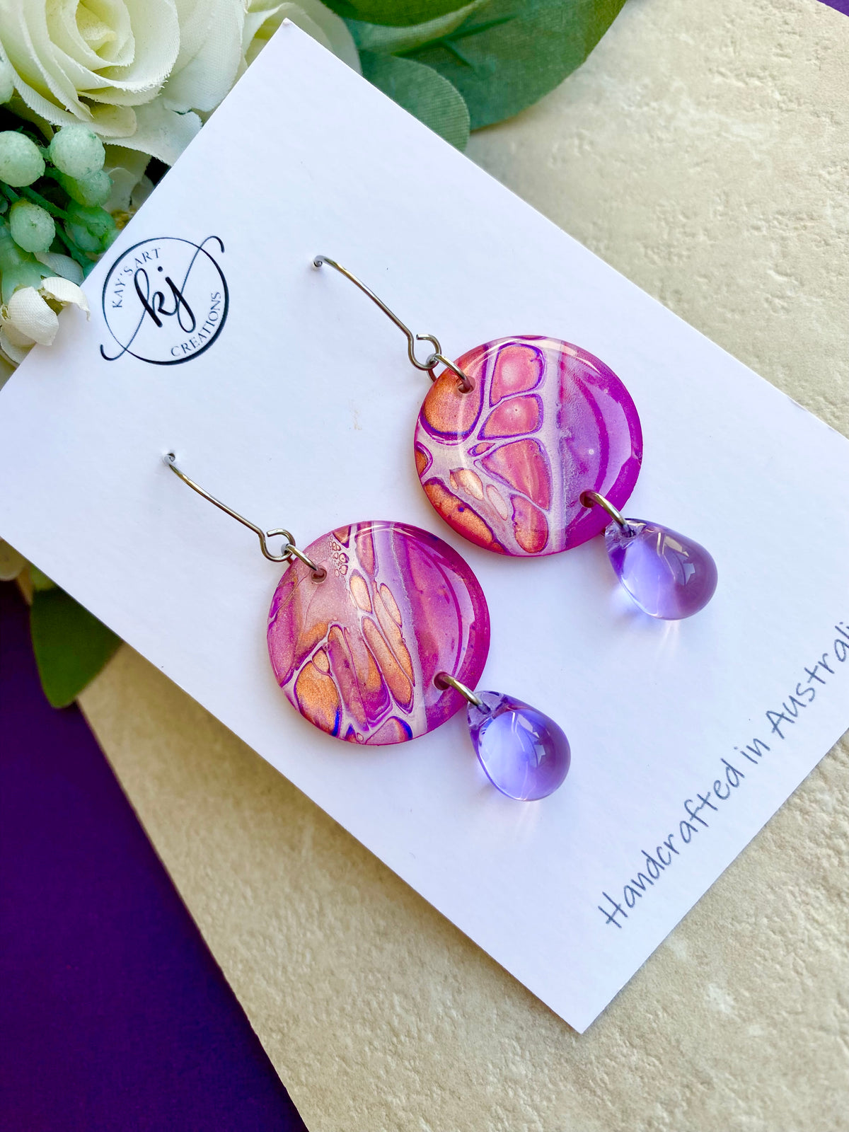 Pink Purple Orange Hand Painted Earrings