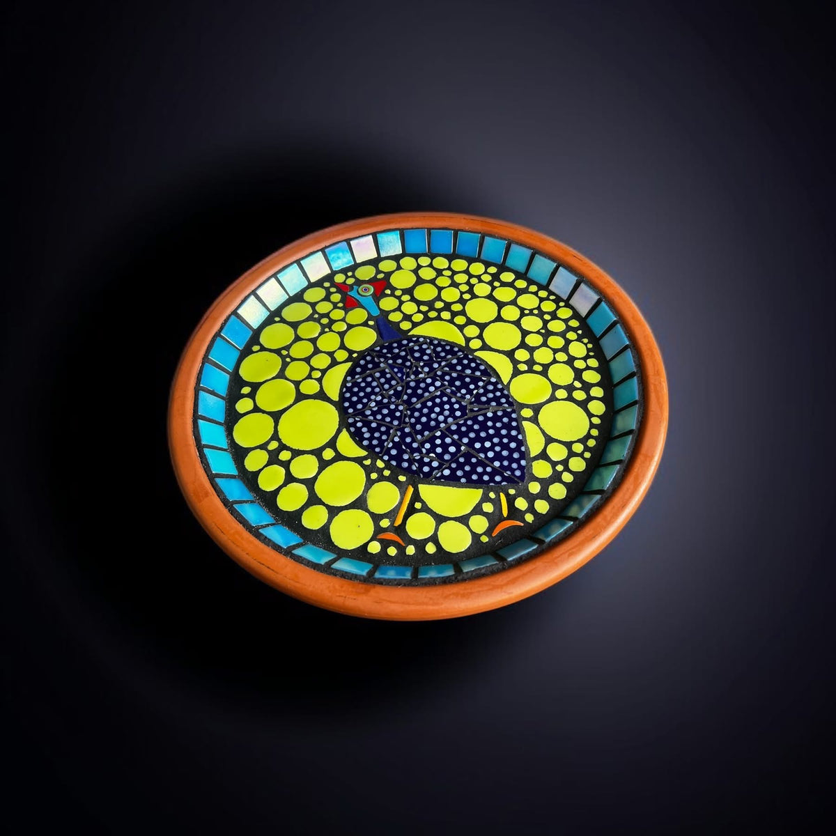 Mosaic Bee Bath. Guinea Fowl.