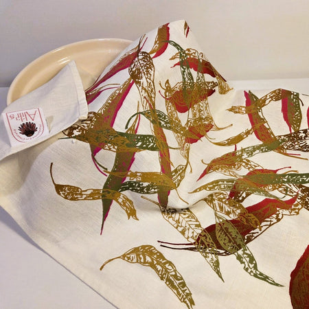 Hand Screen Printed Linen Tea Towels-Eucalypt Fallen Leaves