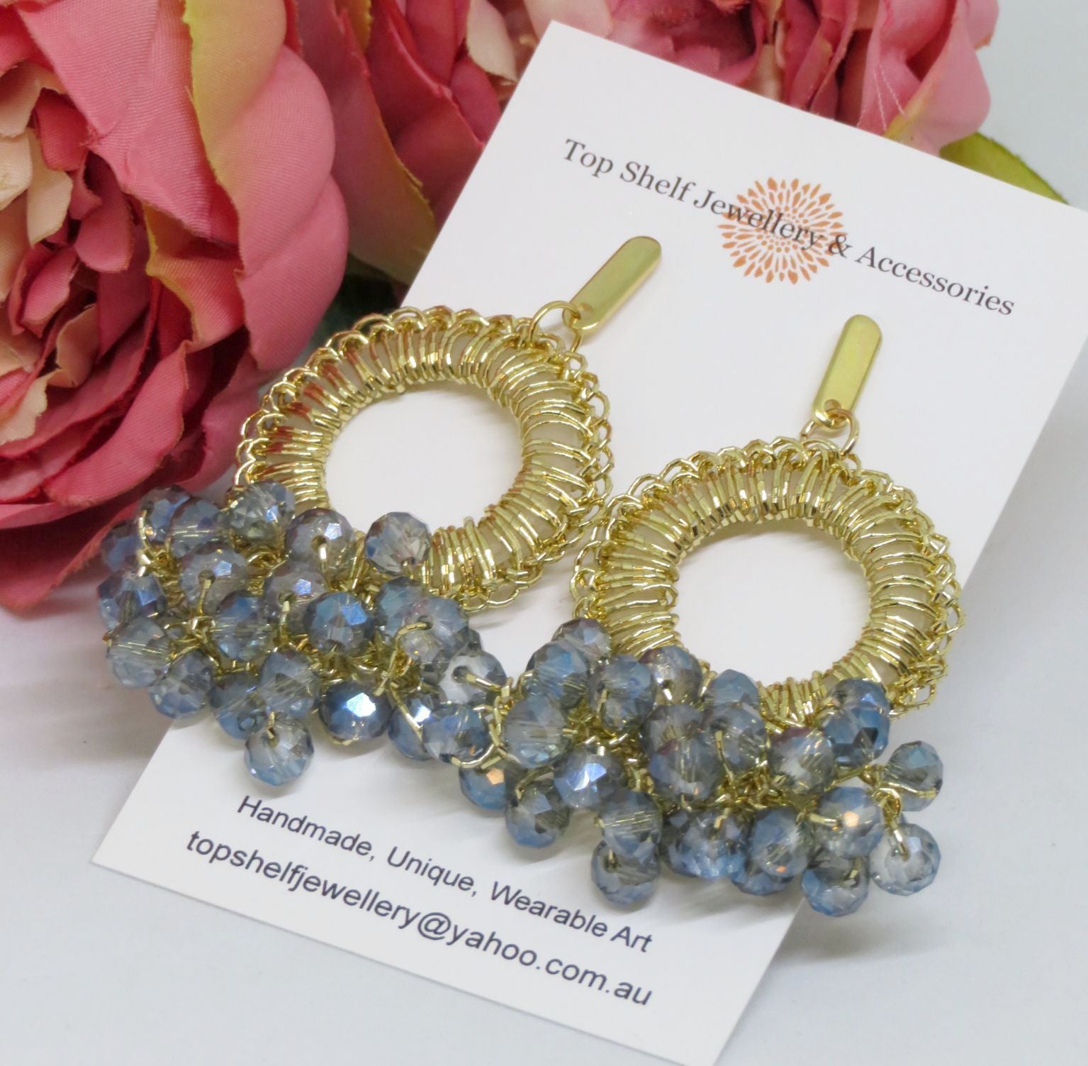 Blue Grey Gold Crochet Boho Thread Chandelier Beaded Earrings