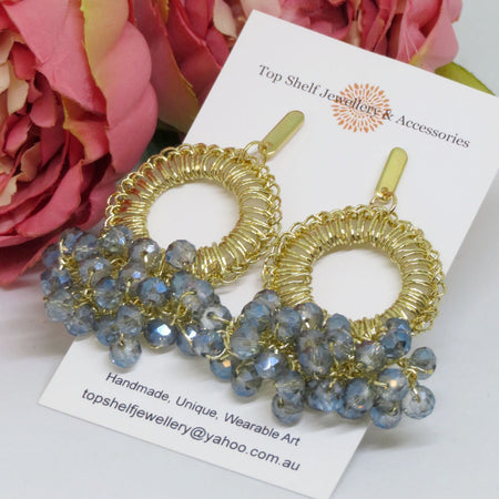Blue Grey Gold Crochet Boho Thread Chandelier Beaded Earrings