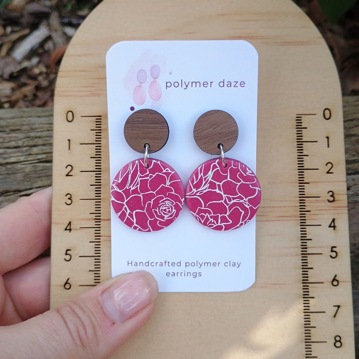 Plum florals with natural wood stud top