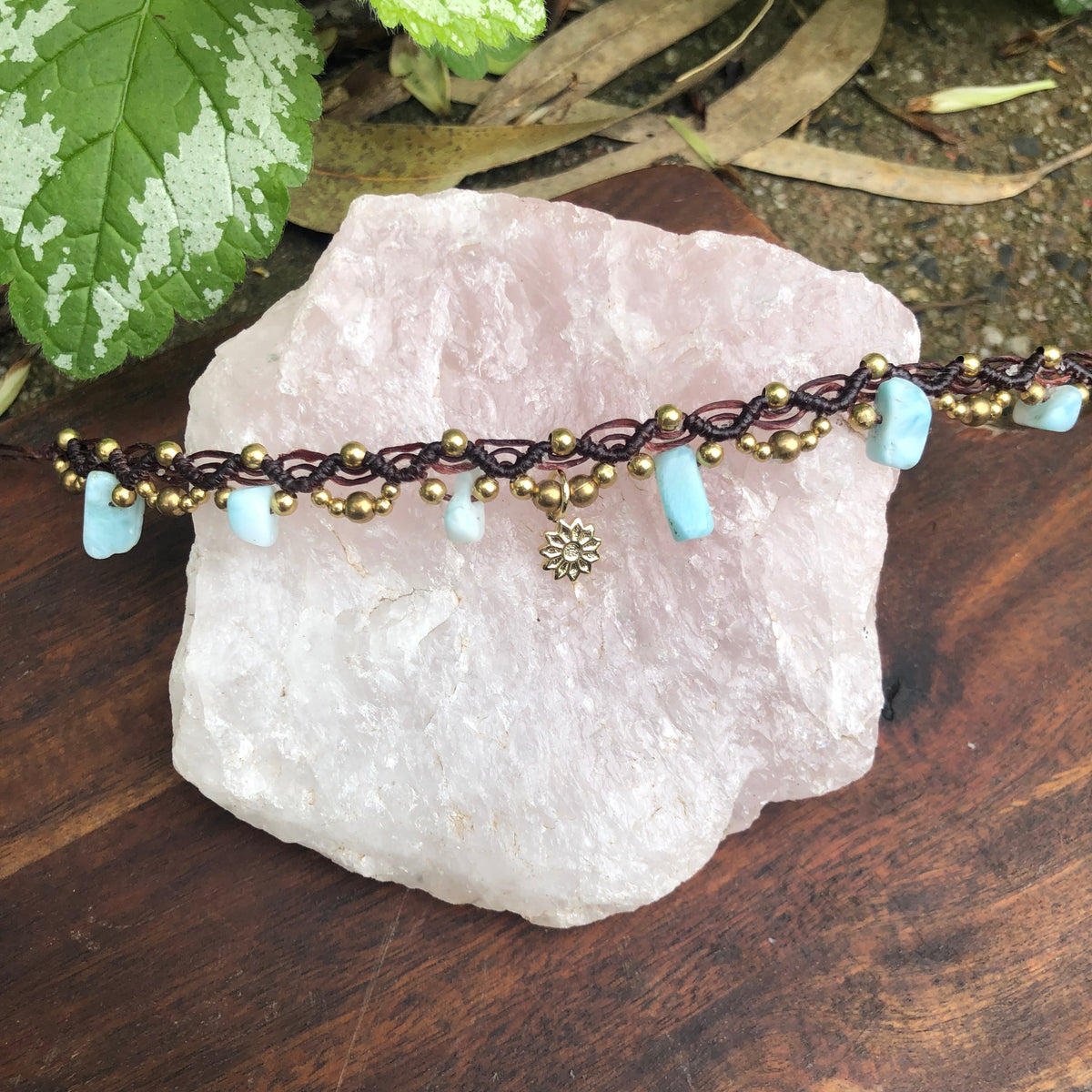 Larimar Gemstone Macrame Anklet: Boho Sunflower Charm, adjustable