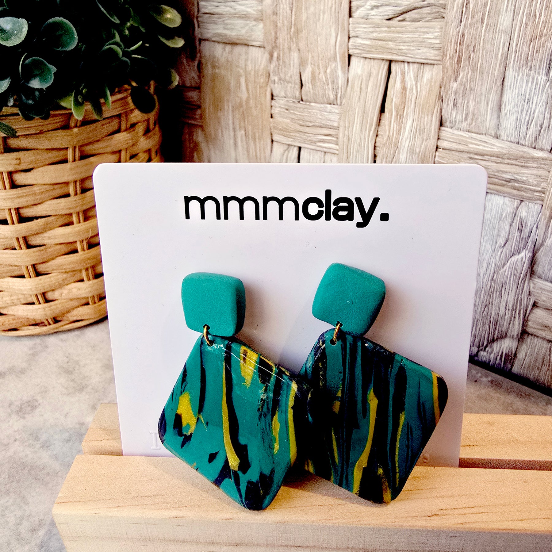 Teal Mustard Black Geometric Polymer Clay Dangle Earrings