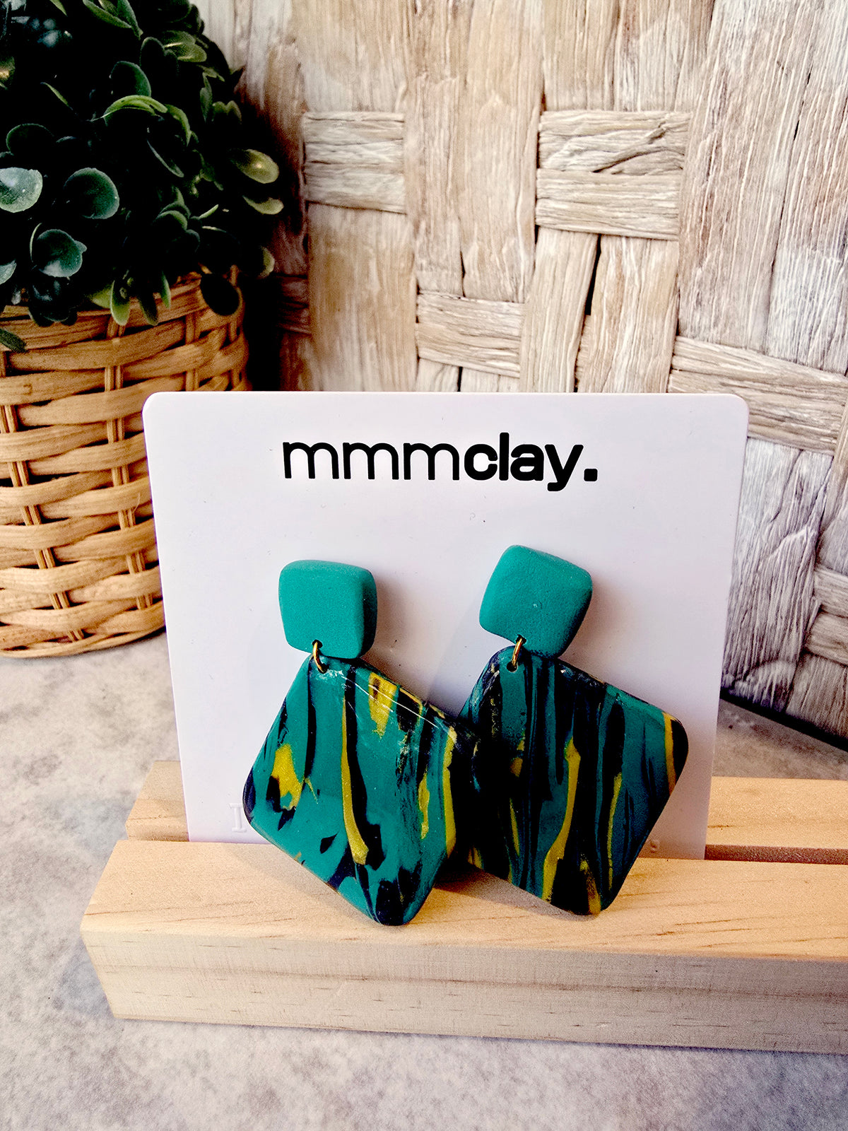 Teal Mustard Black Geometric Polymer Clay Dangle Earrings