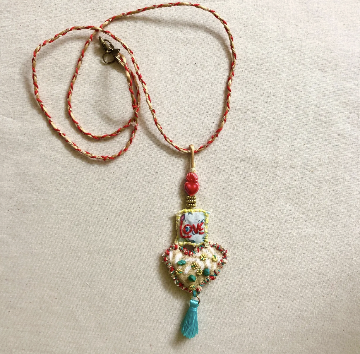 Slow Stitched Textile Necklace - LOVE