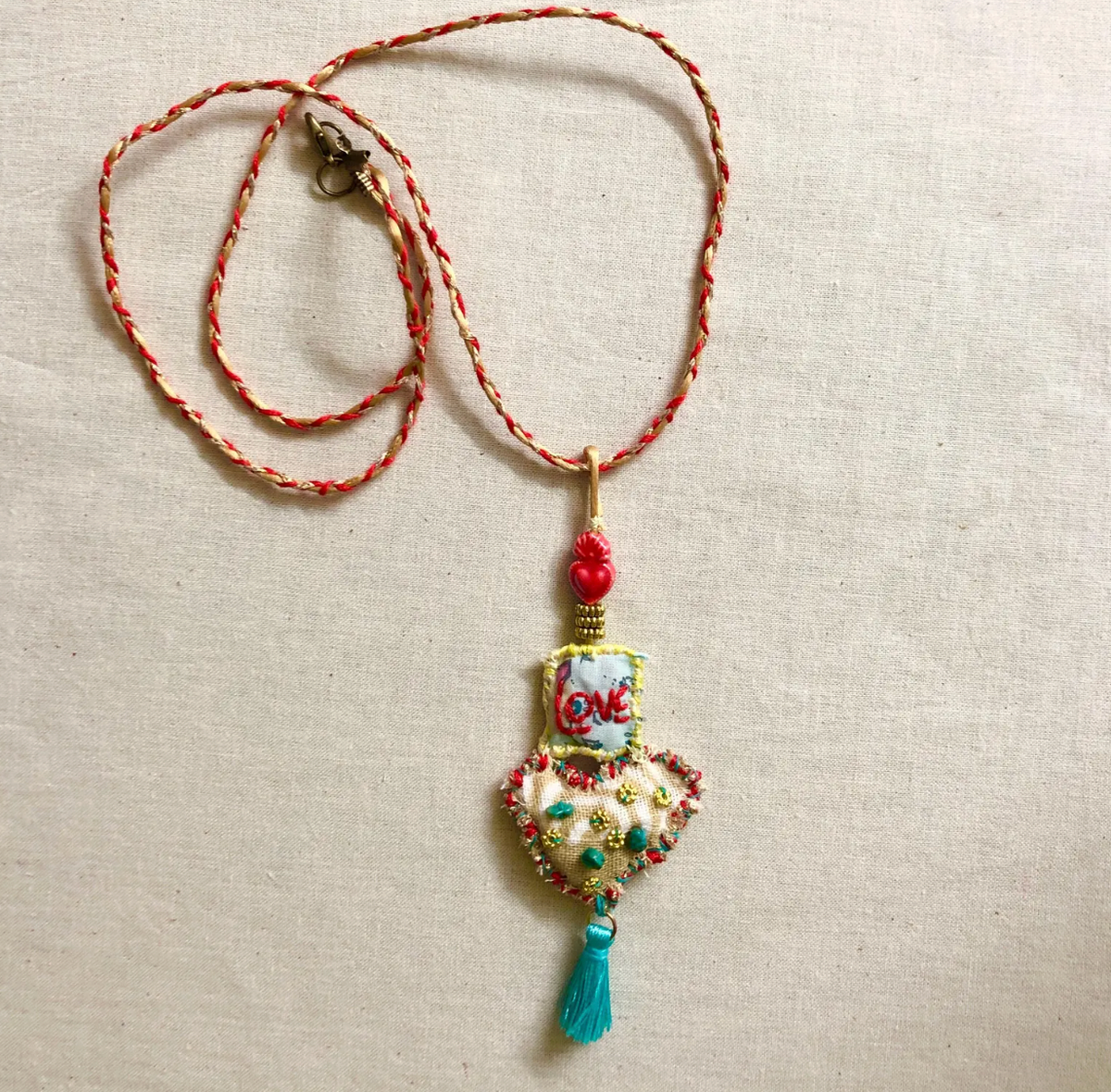 Slow Stitched Textile Necklace - LOVE