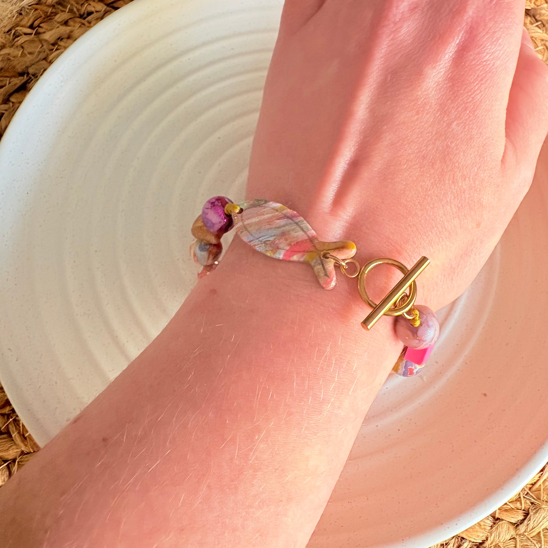 Colourful Hand-Rolled Bead Bracelet with Christian Fish Charm