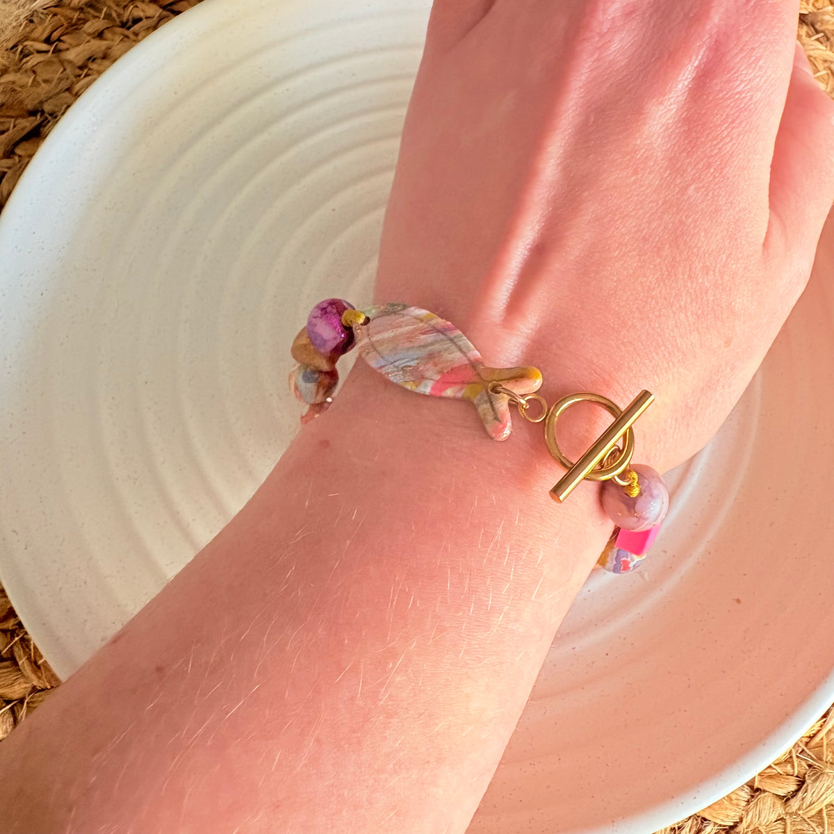 Colourful Hand-Rolled Bead Bracelet with Christian Fish Charm