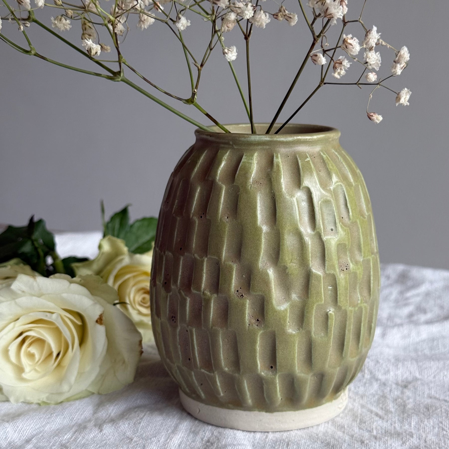 Heirloom Porcelain Vessel - Handcarved Ceramic Vase - Moss Green