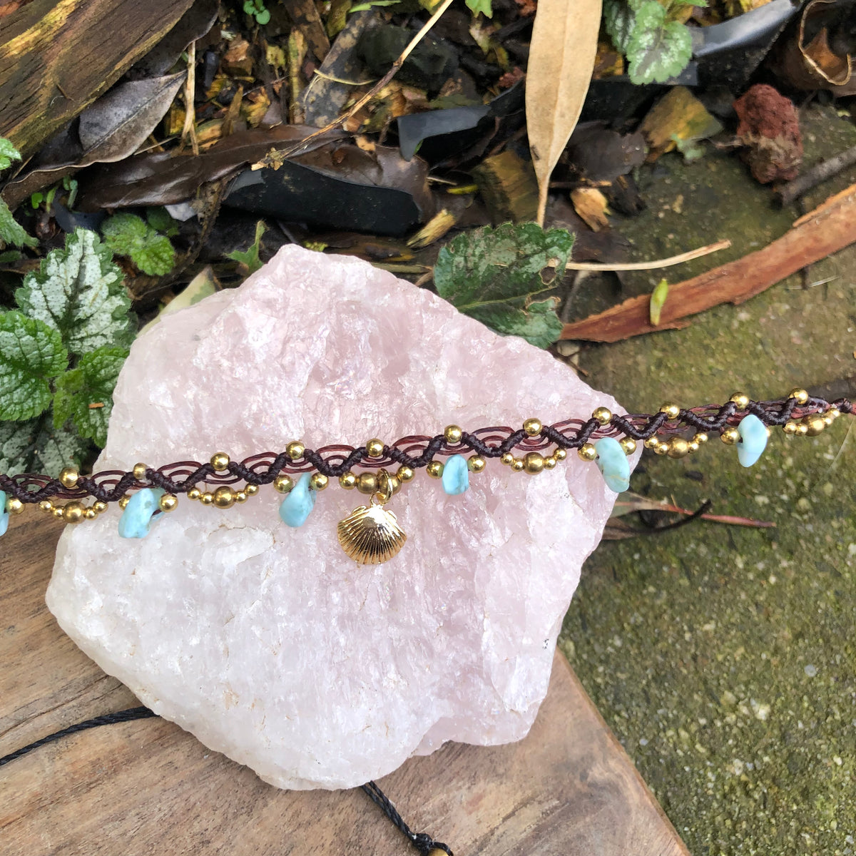 Larimar Gemstone Macrame Anklet: Brass beads and Shell Charm, adjustable