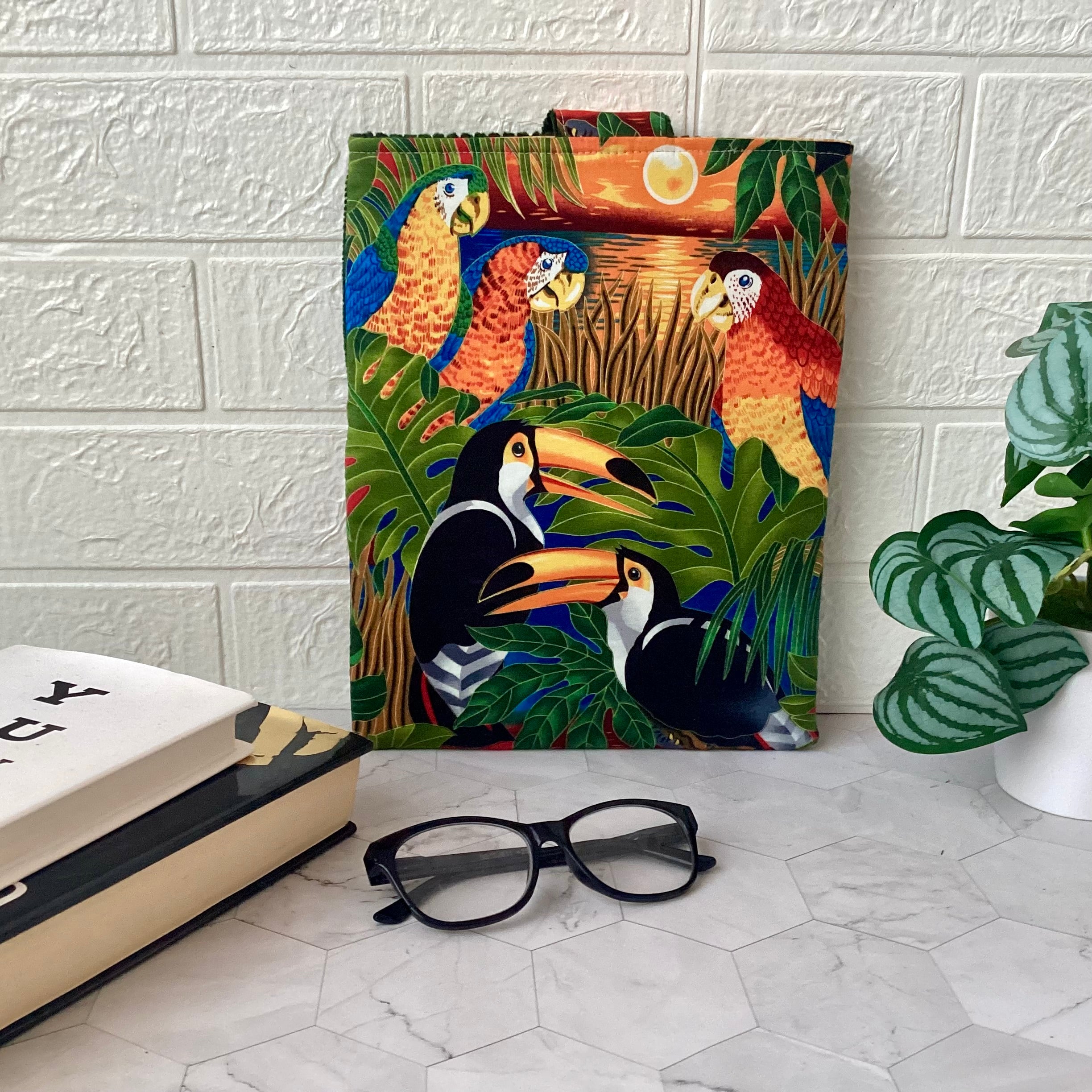Parrots and Toucan fabric book sleeve with 2 pockets. iPad, tablet pouch