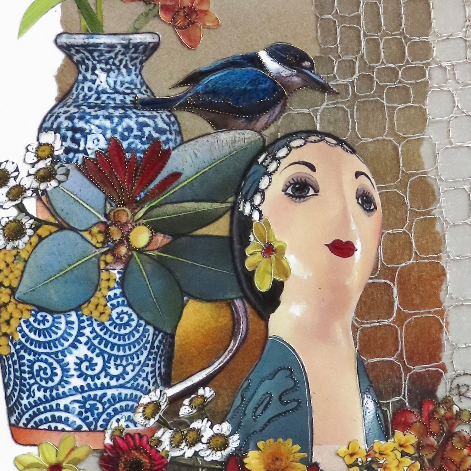 Original Collage Art Bella Boheme - Mannequin Flowers Kingfisher