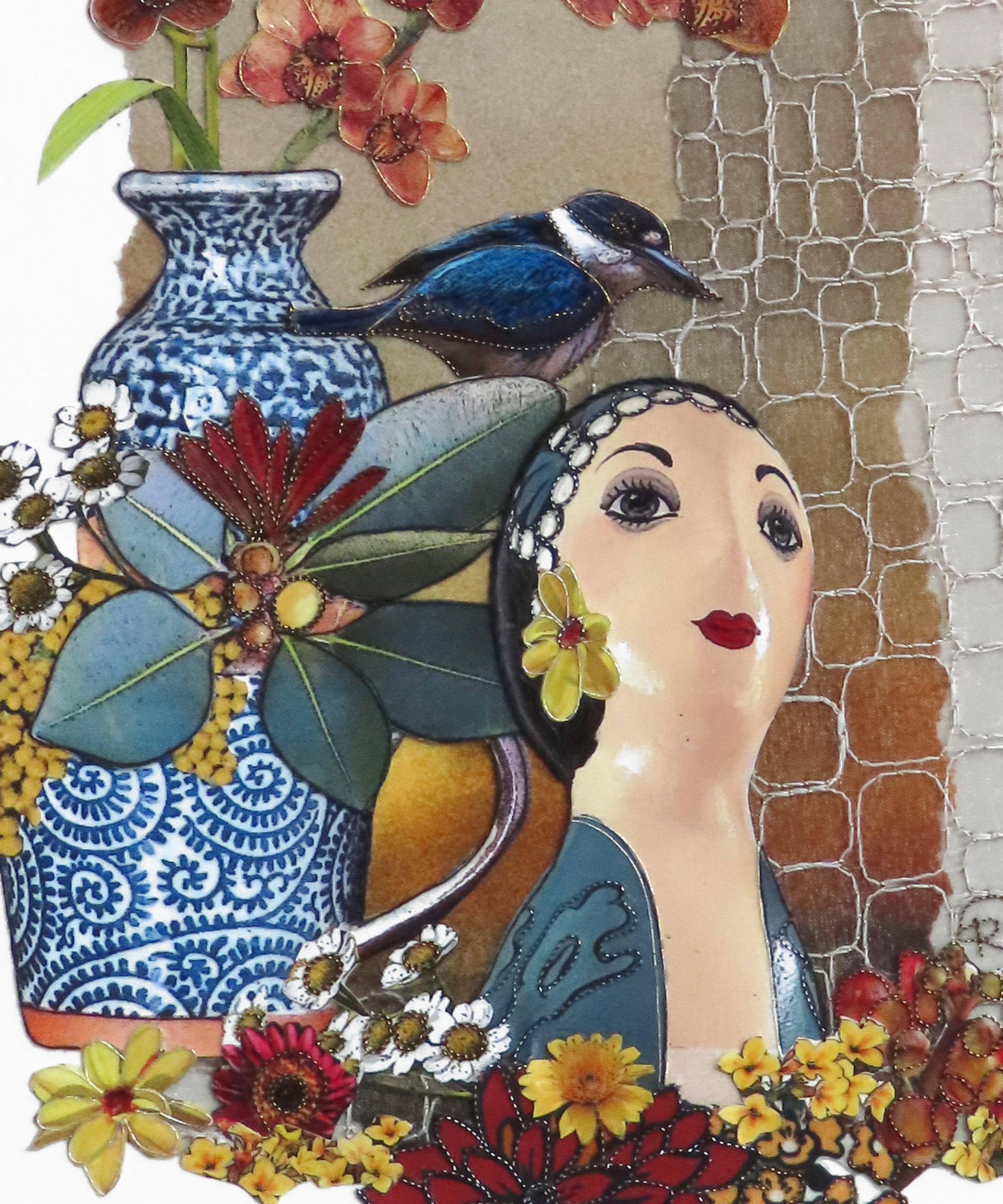 Original Collage Art Bella Boheme - Mannequin Flowers Kingfisher