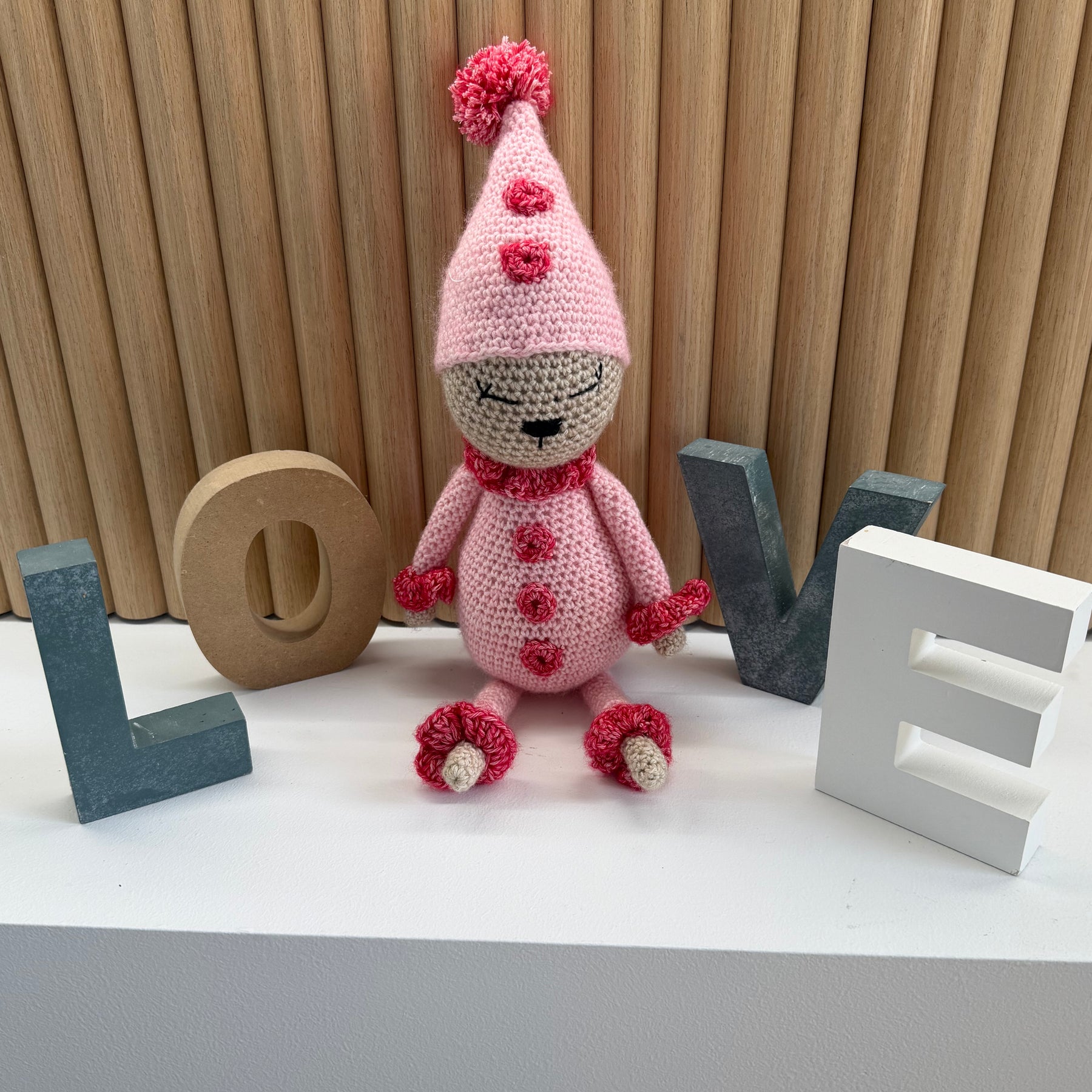Pink Clown crocheted soft toy