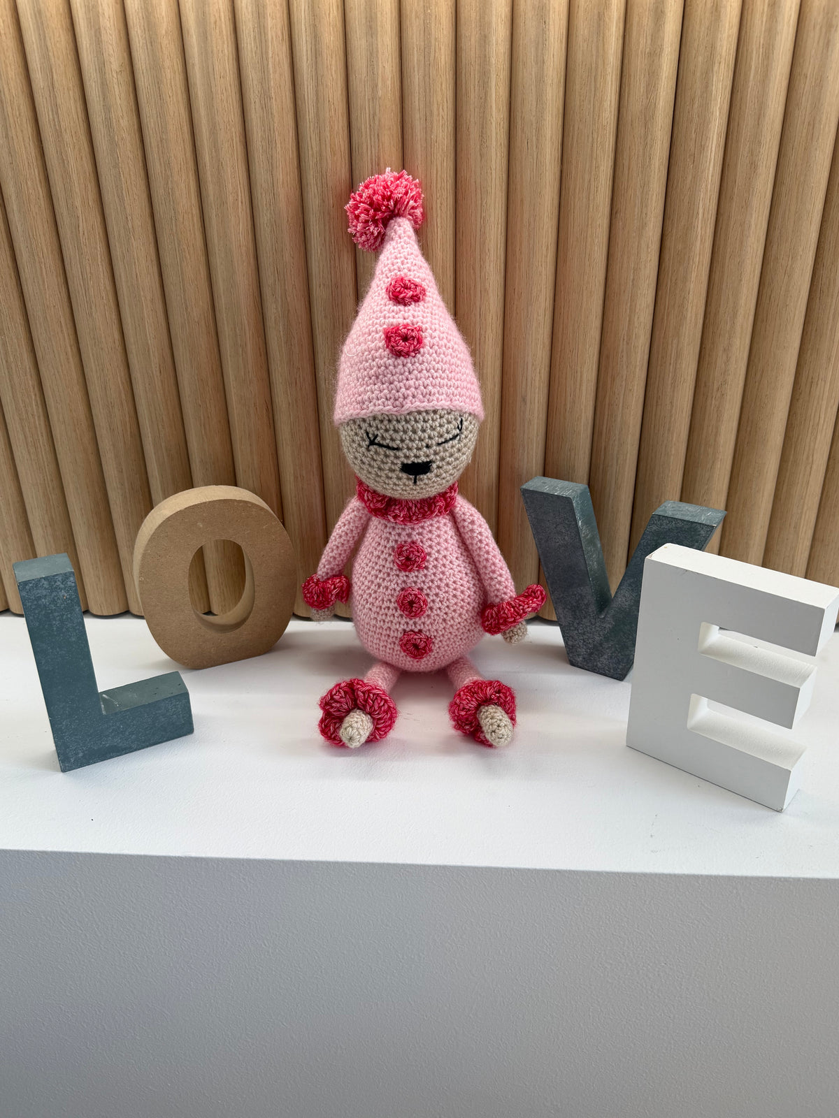 Pink Clown crocheted soft toy