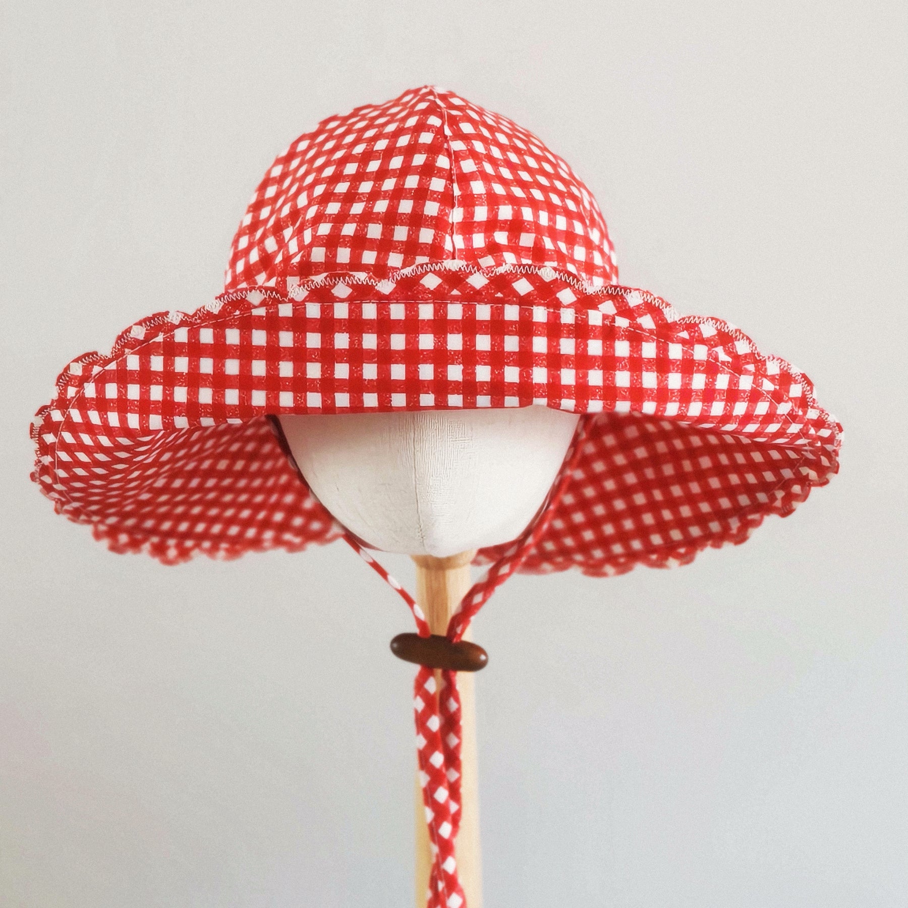 Kids Wide Brim Cotton Summer Sun Hat, Red Gingham Kids Hat