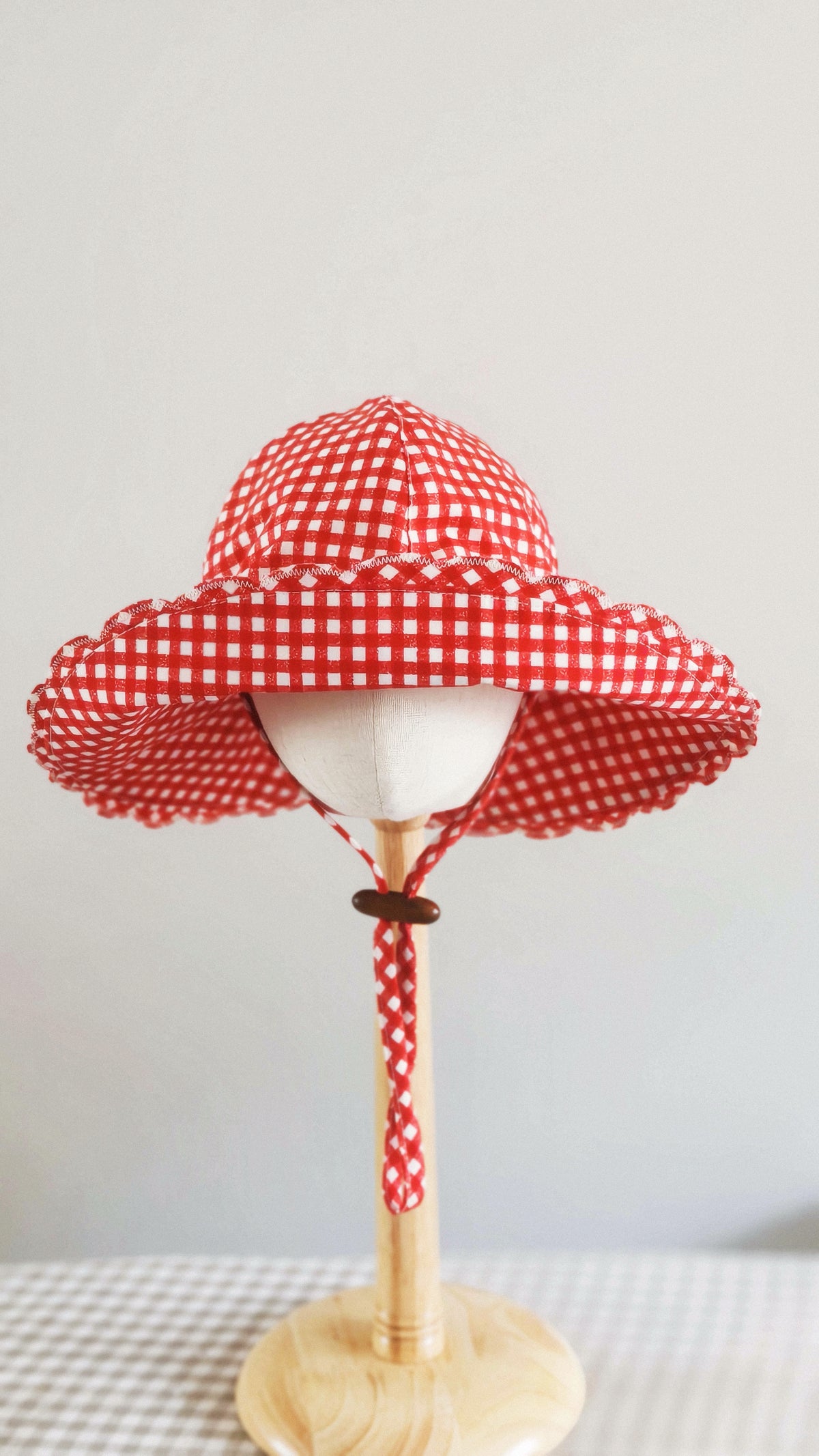 Kids Wide Brim Cotton Summer Sun Hat, Red Gingham Kids Hat