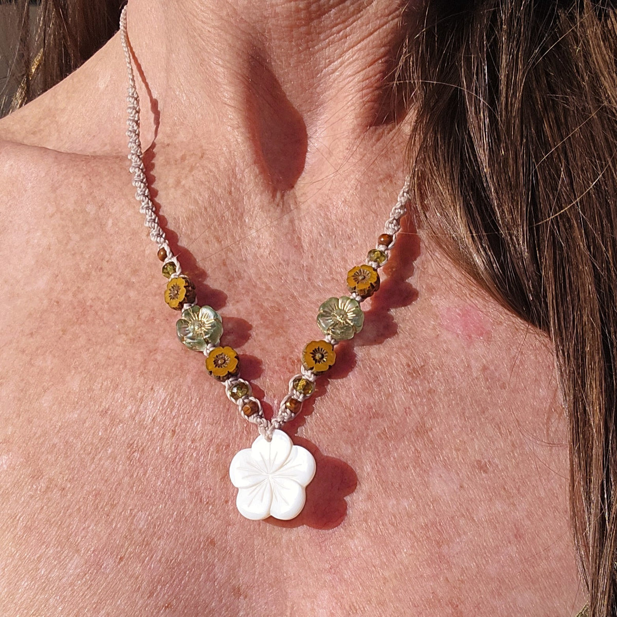 Flower Necklace with Mother of Pearl and Czech Glass Beads