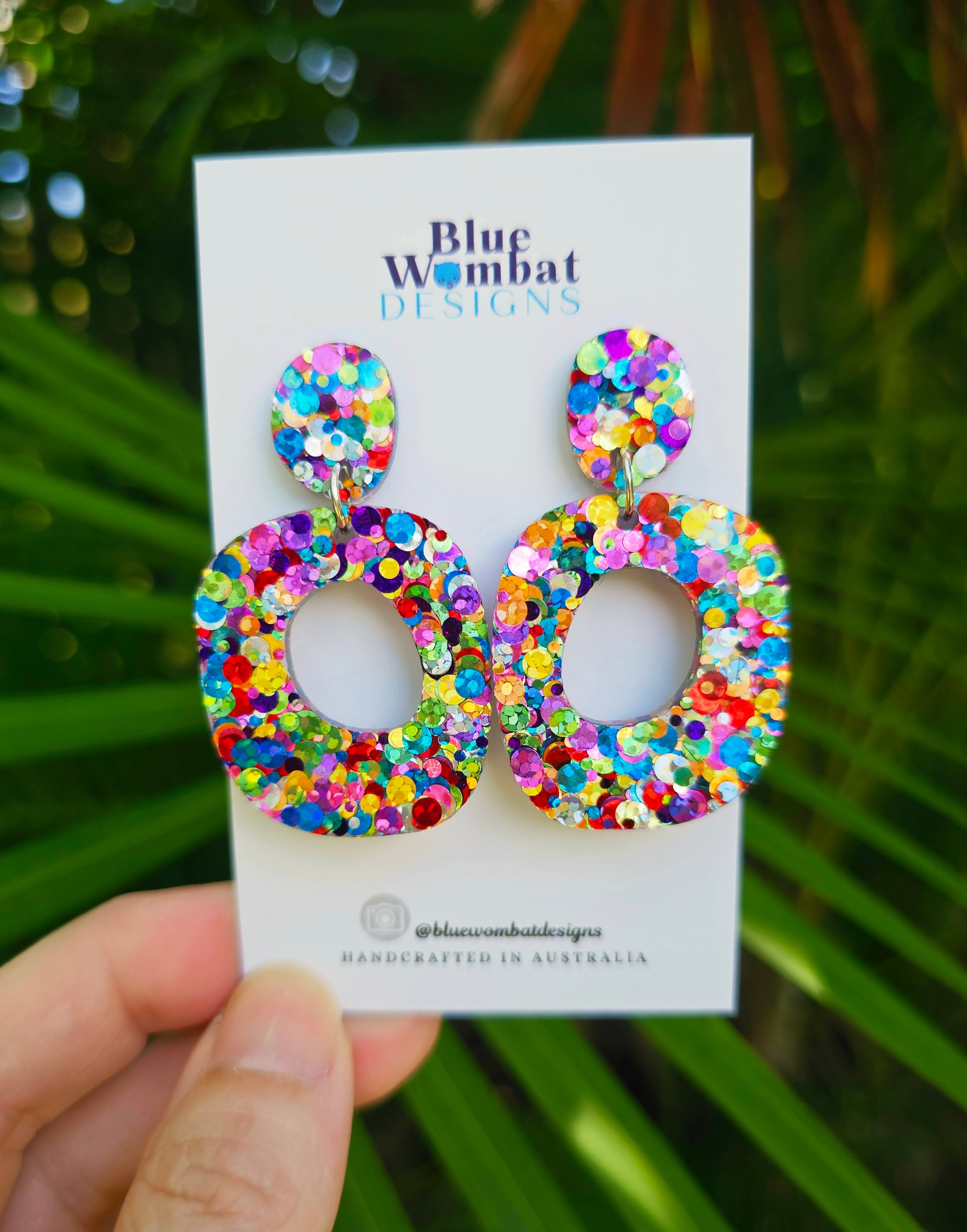 Rainbow Glitter Resin Organic Shape Hoop Dangle Earrings