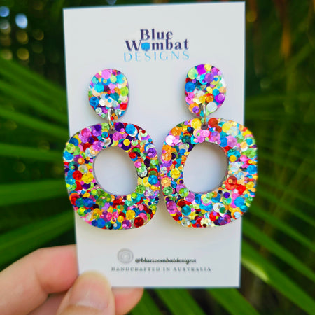 Rainbow Glitter Resin Organic Shape Hoop Dangle Earrings