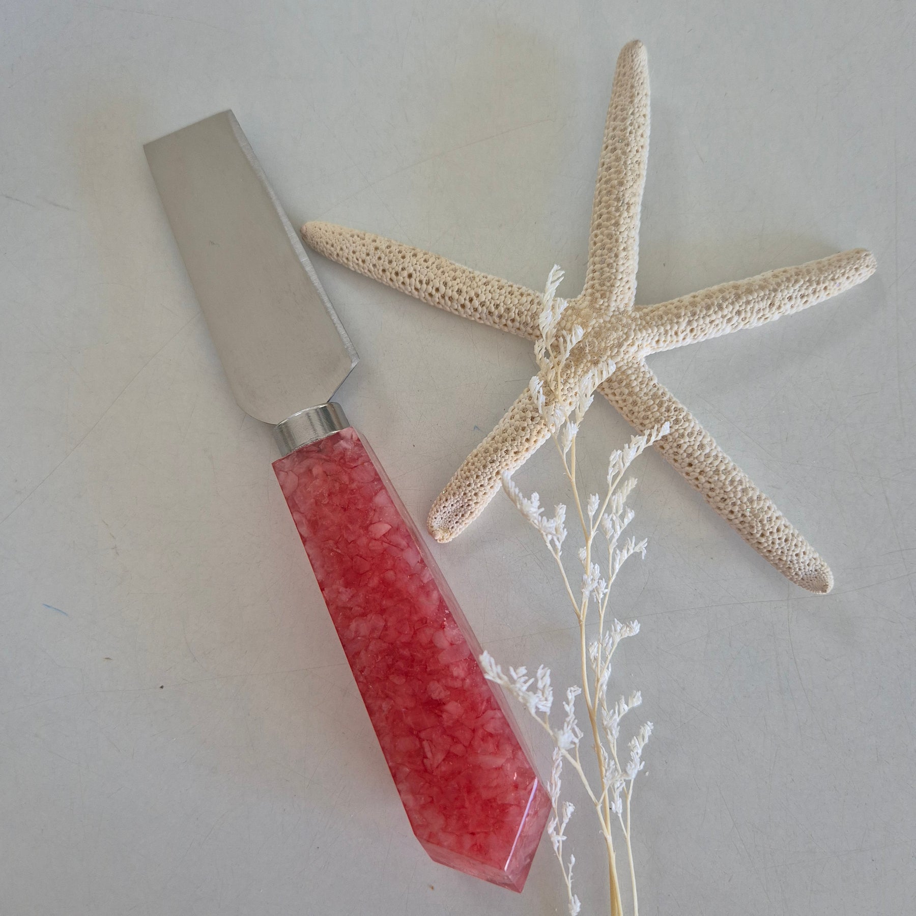Resin bottle opener and cheese knife set with rose quartz