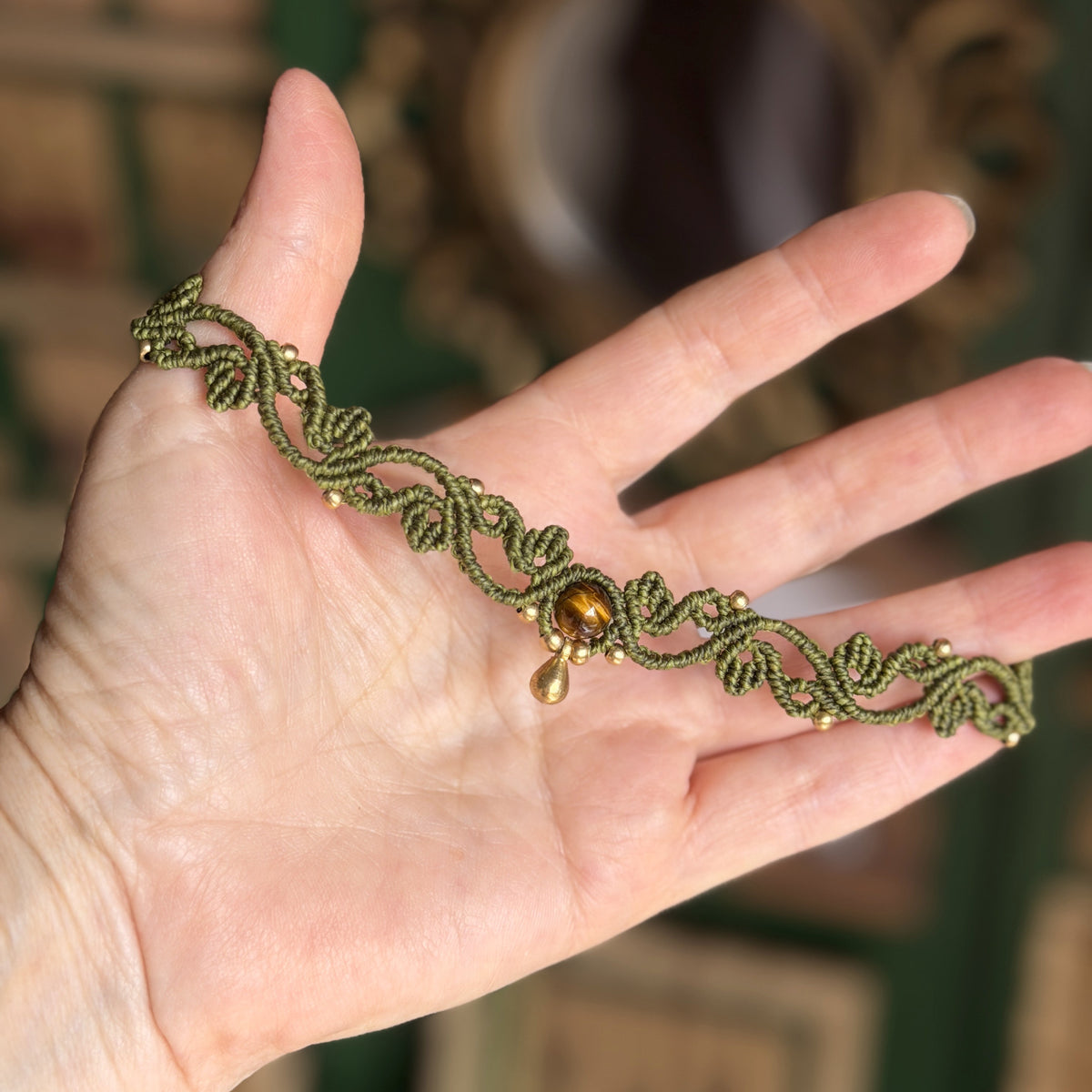 Macrame Vine Leaf Choker with focal bead - earthy forest fae collection