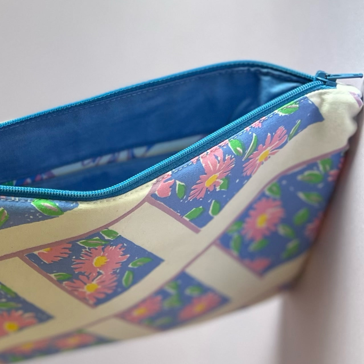 Floral, repurposed vintage fabric zip POUCH wrist strap