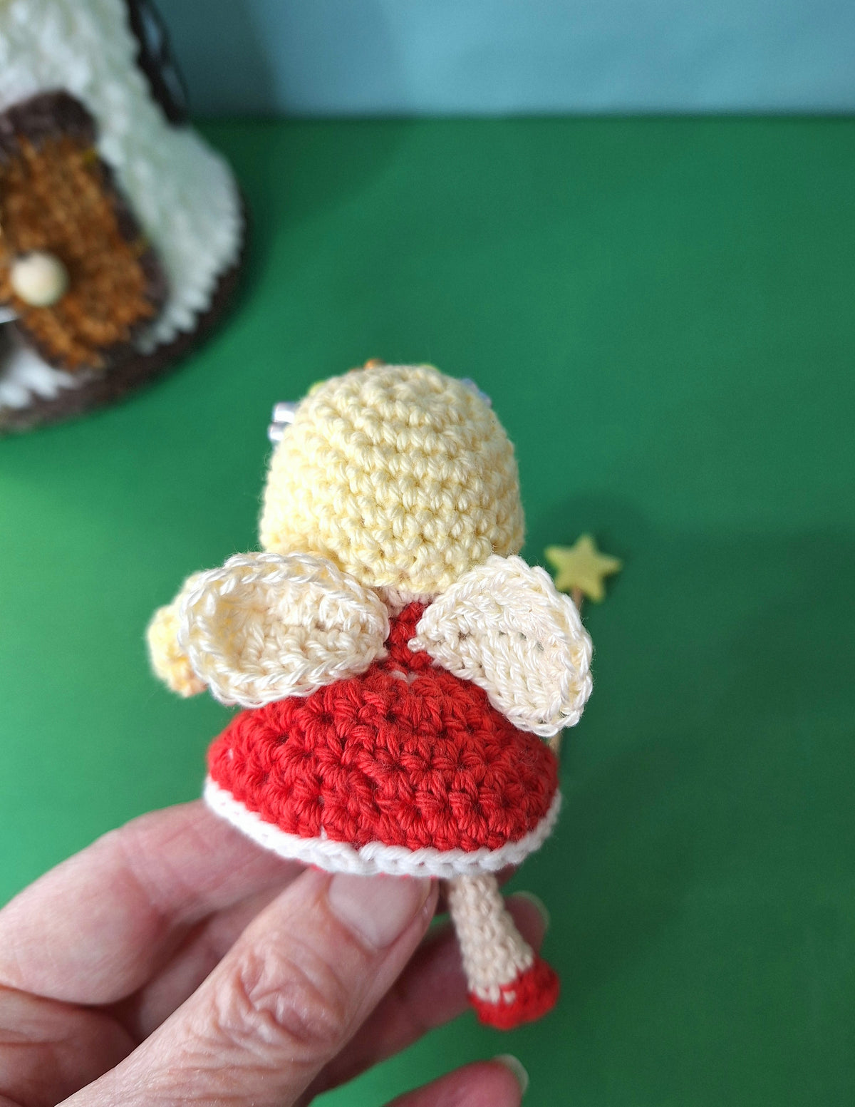 Crocheted Mushroom House Play Set with Two Fairies