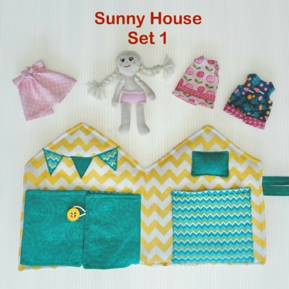 Sunny Fabric Doll House with Doll and Wardrobe of Clothing