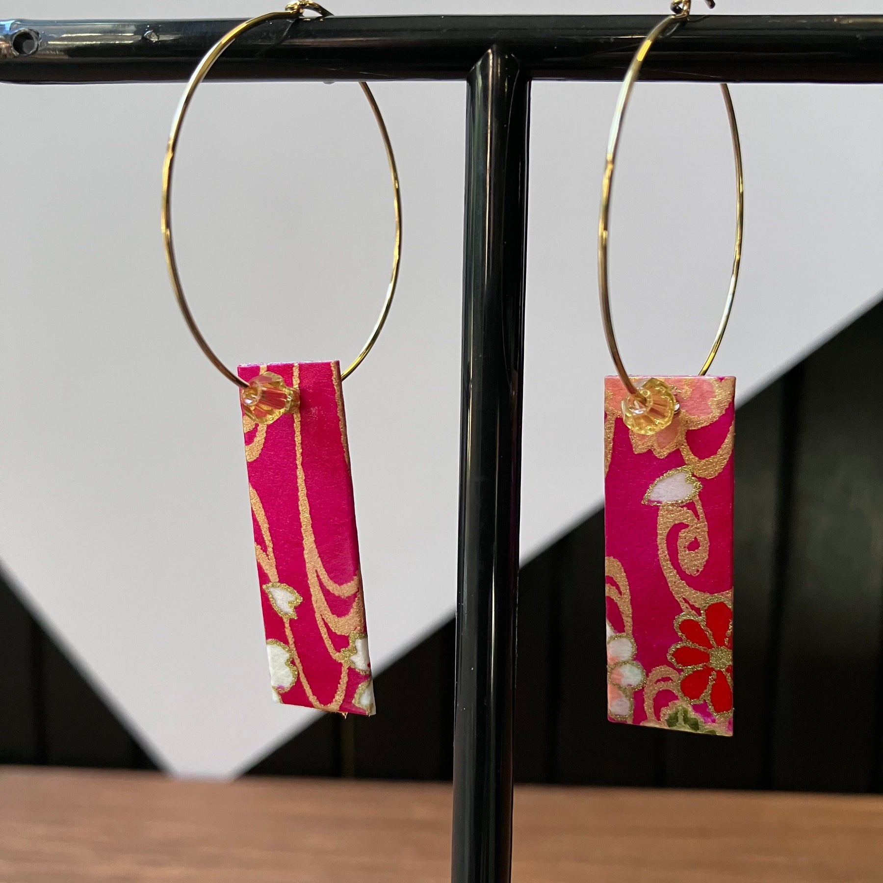 Pink and Gold Japanese Paper Tiles Hoop Earrings