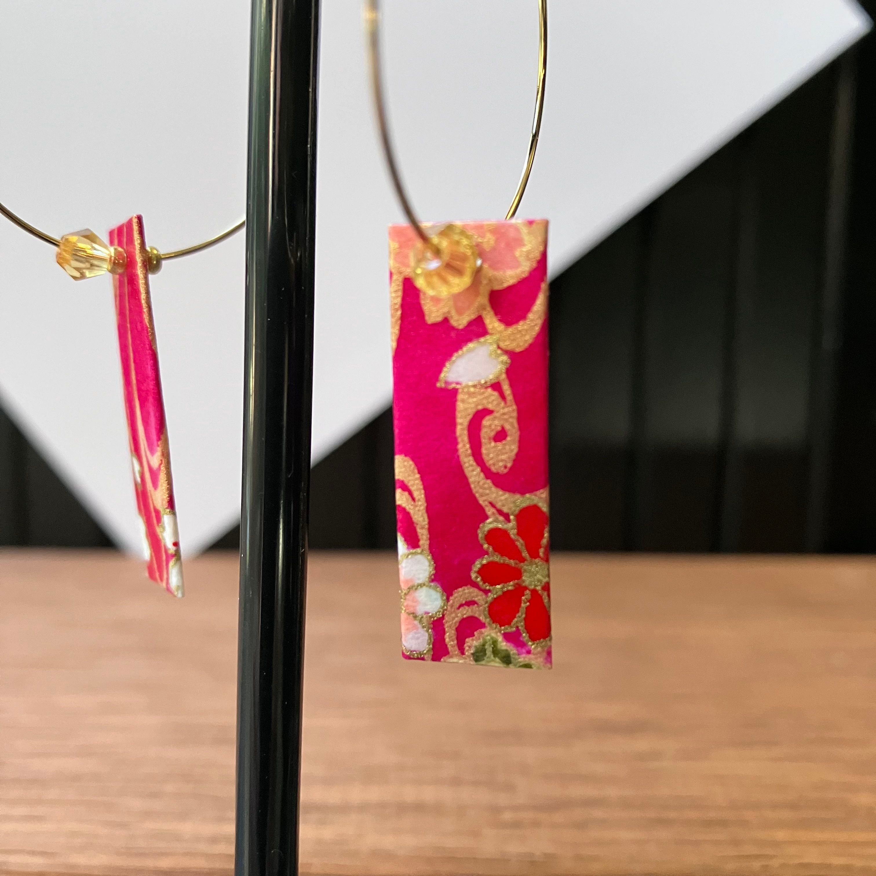 Pink and Gold Japanese Paper Tiles Hoop Earrings