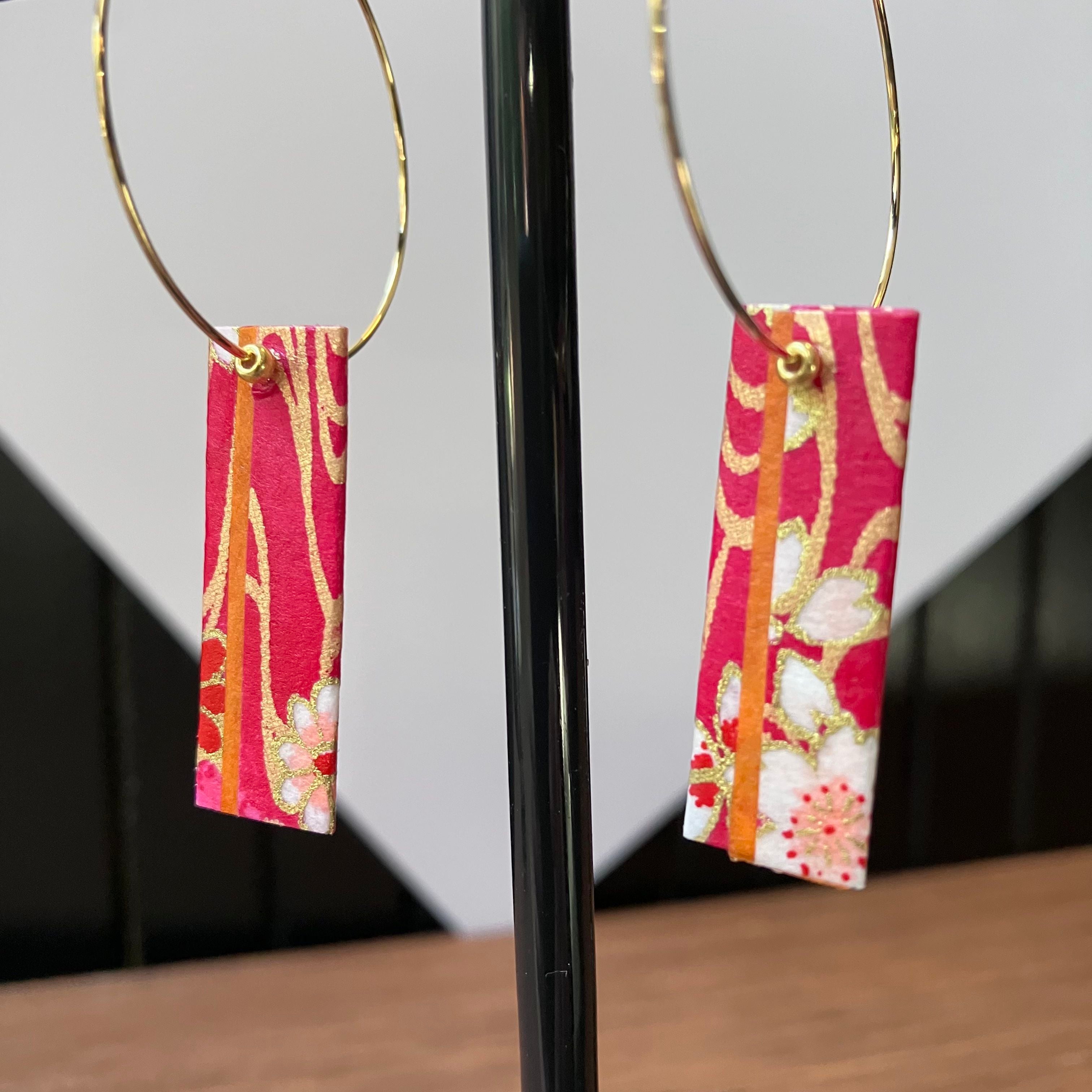 Pink and Gold Japanese Paper Tiles Hoop Earrings