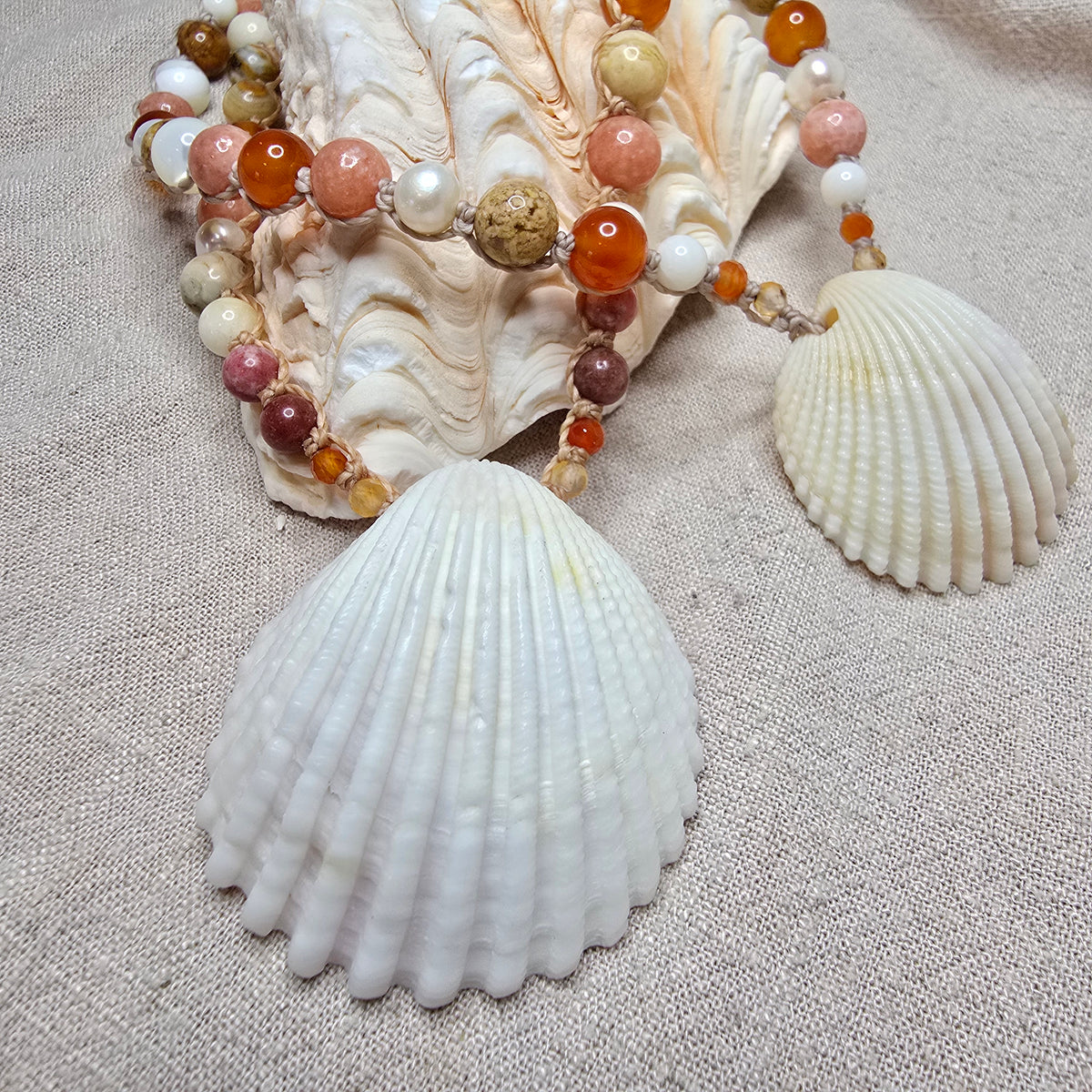 Cockle Shell Necklace Adjustable with Pearls and Gemstones