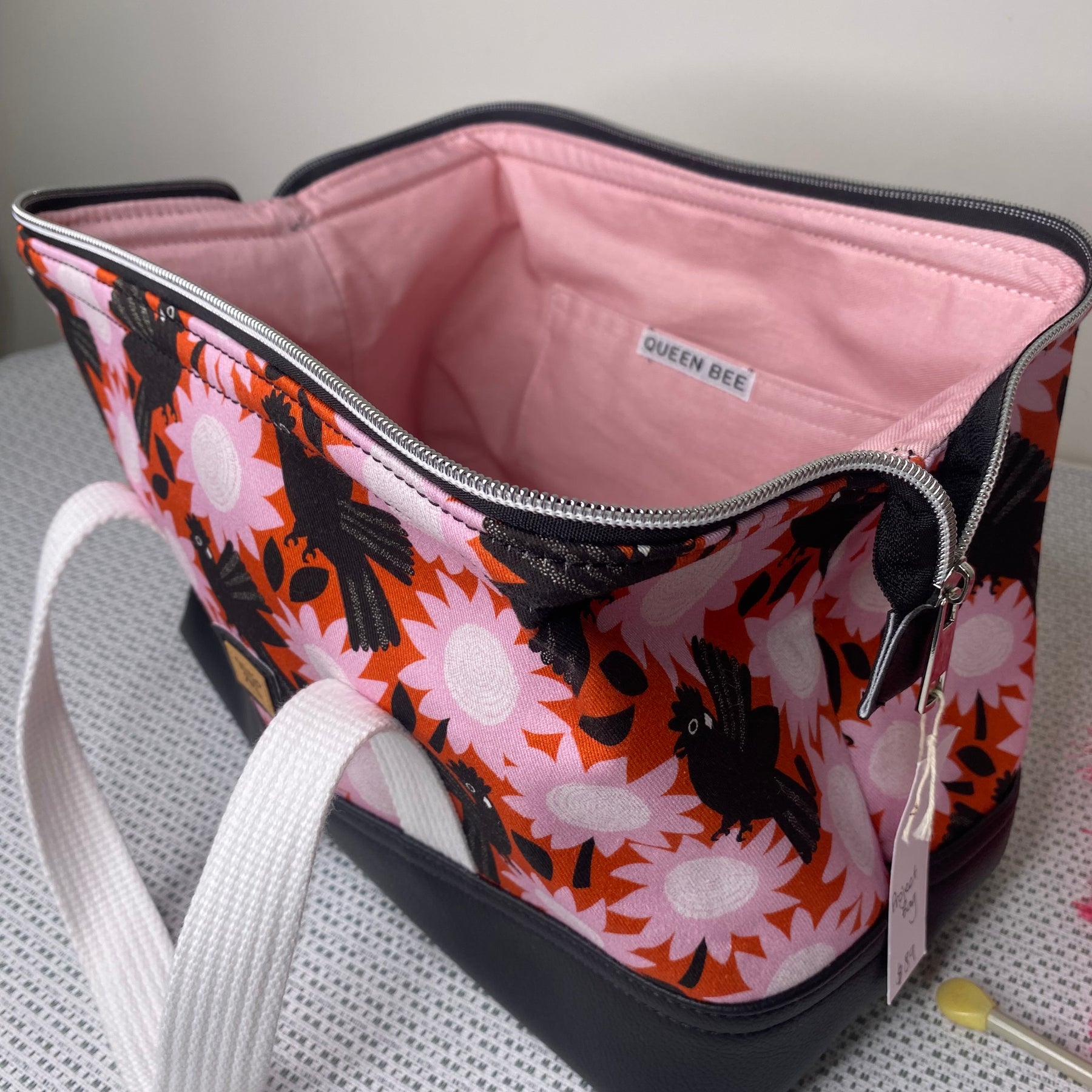Project Bag - Pink Flowers & Black Cockatoos with a Black Faux Leather Base