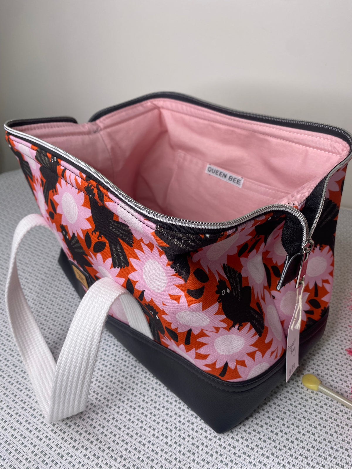 Project Bag - Pink Flowers & Black Cockatoos with a Black Faux Leather Base