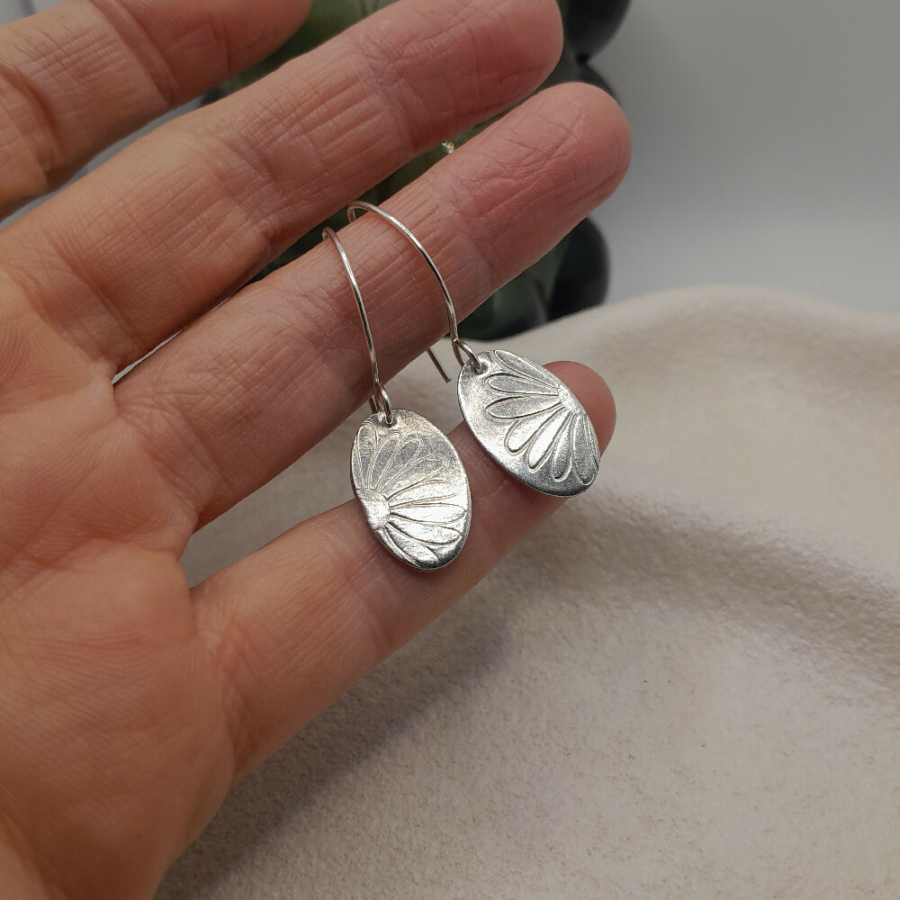Fine silver flower stamp hook earrings - handmade silver ear wires