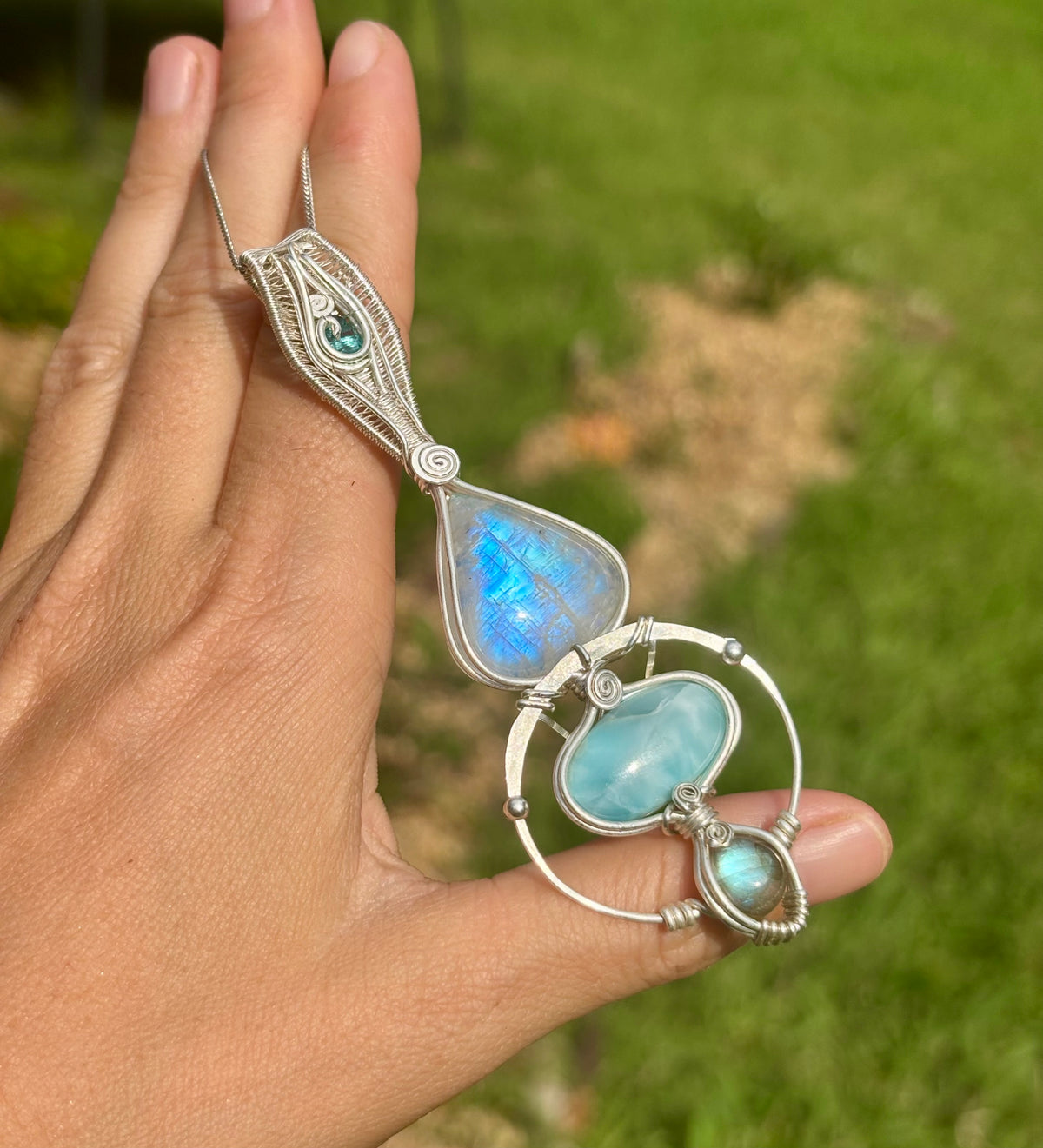 Moonstone, Tooaz, Larimar, Labradorite Crystal pendant in silver