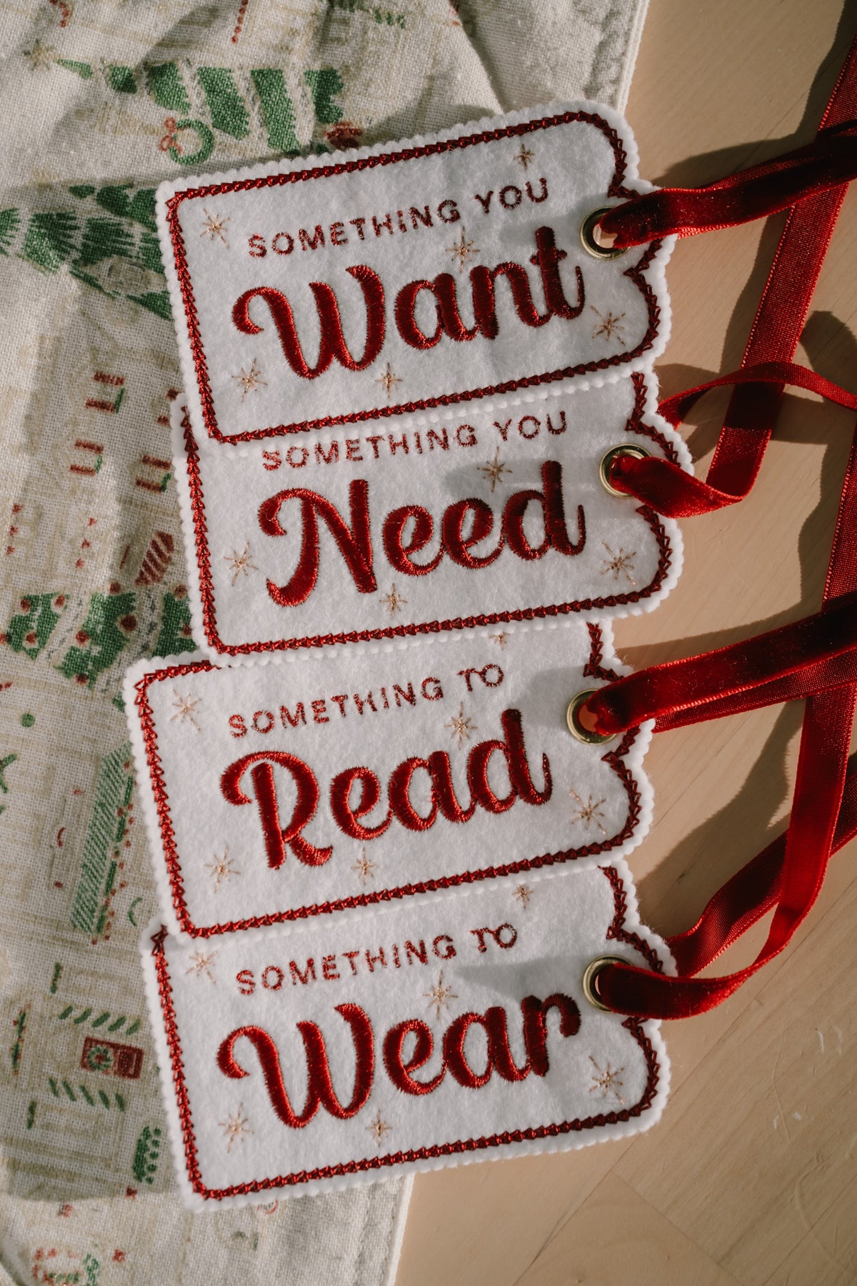 Something you want, something you need, something to wear, something to read gift tag set