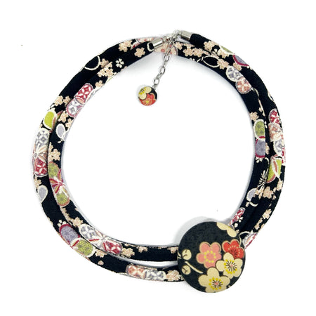 Kimono Cord Necklace - Pink and Black Floral