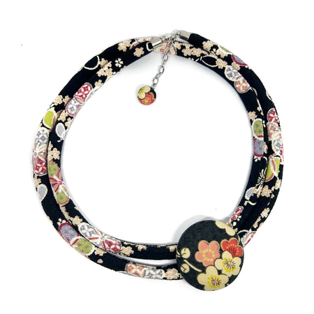 Kimono Cord Necklace - Pink and Black Floral