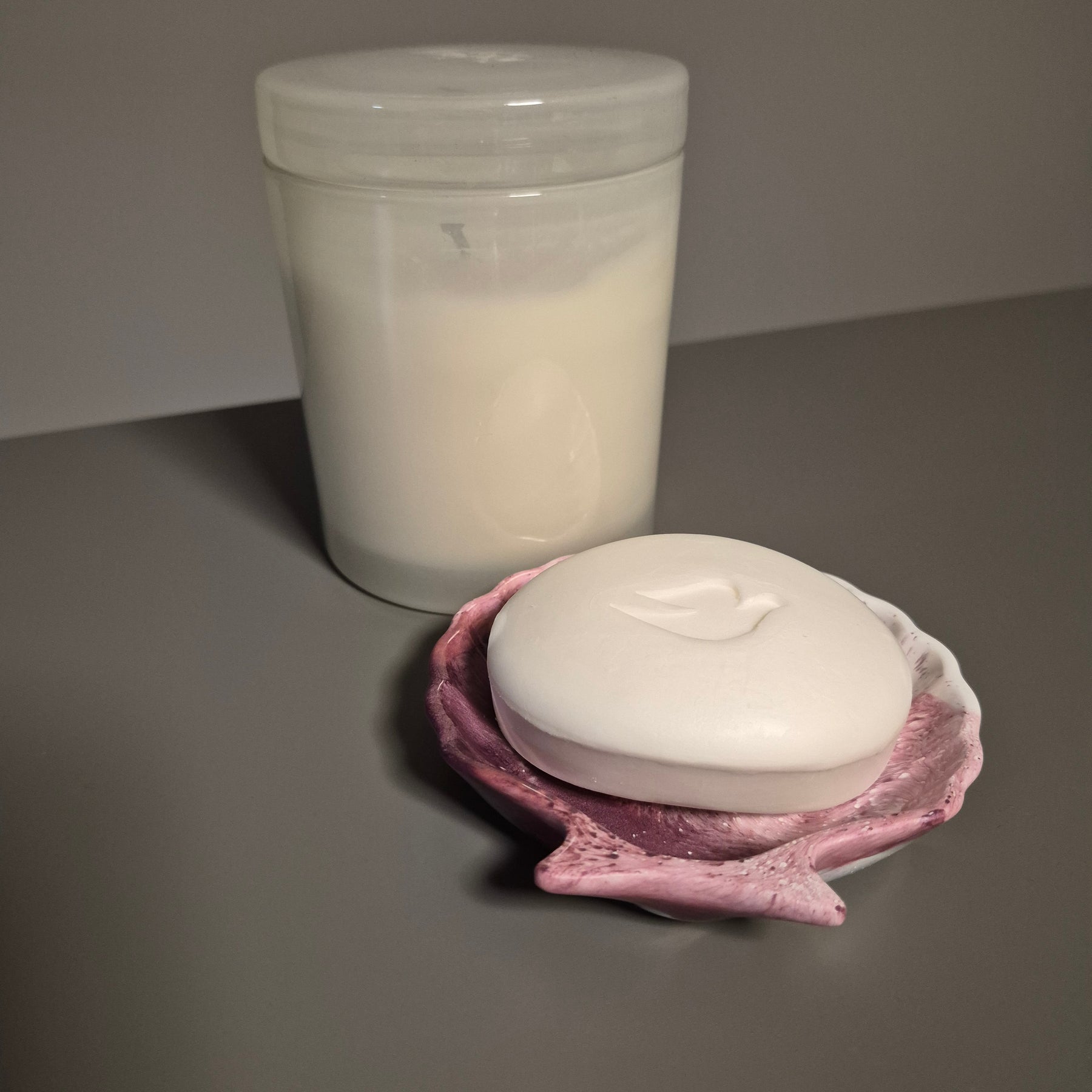Pink and white shell dish.
